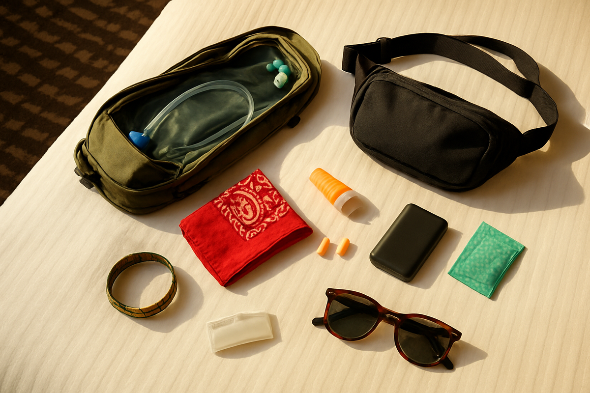 Overhead flat-lay on a hotel bed of an actual EDC packing pile: 2L hydration pack unzipped showing the bladder, fanny pack, L...