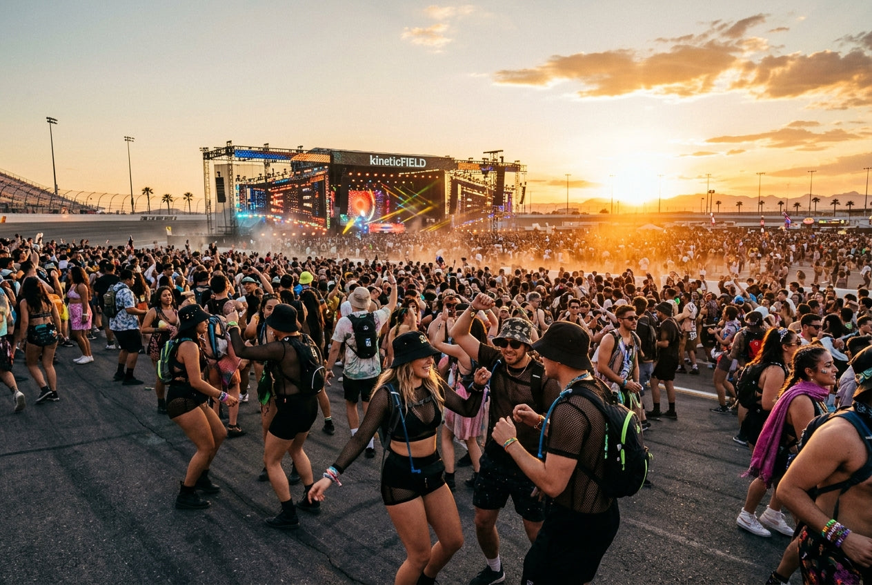 Wide shot of the Las Vegas Motor Speedway crowd at golden hour with the heat haze visible over the asphalt, ravers in mesh to...