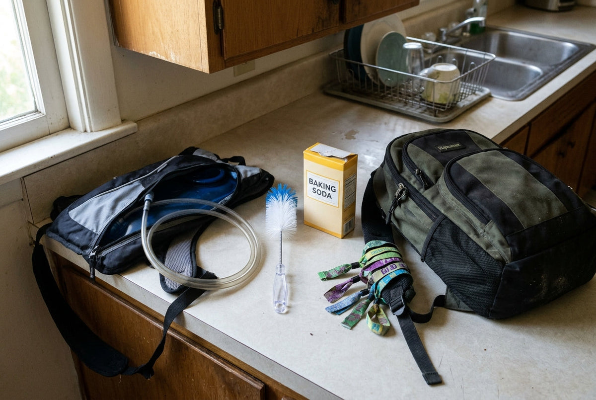 Overhead shot of a hydration pack bladder unzipped and laid open on a kitchen counter next to a bottle brush, a box of baking...