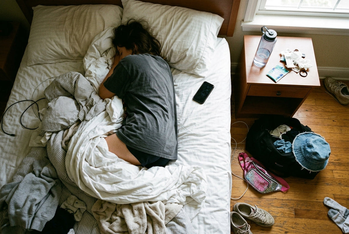 Overhead shot of a messy bed: someone in an oversized tee half-buried in blankets, phone face-down, a Liquid IV packet and wa...