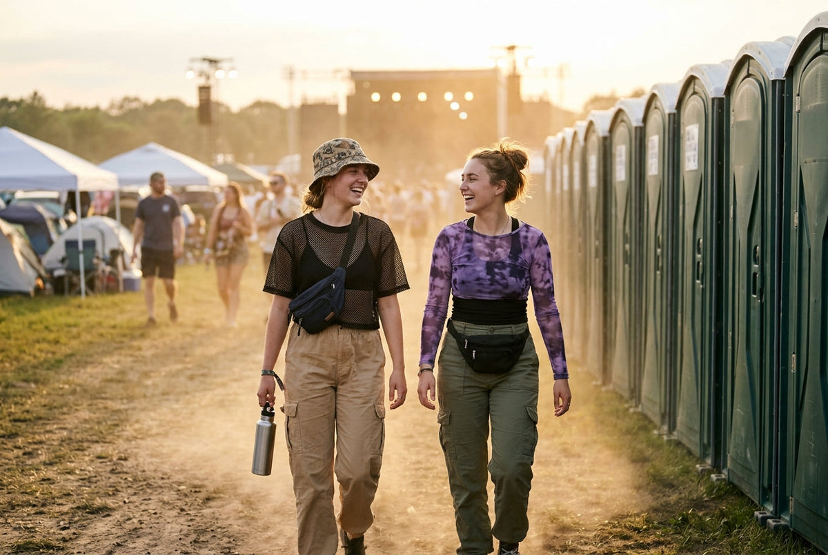 Two girls in festival outfits (cargo pants, mesh top, fanny packs, one in a bucket hat) walking together away from a row of p...
