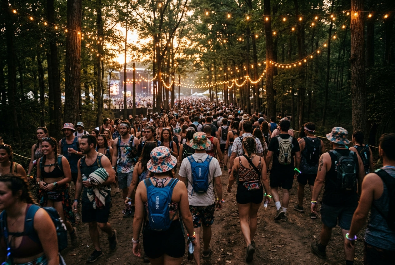 Wide shot of festival-goers walking a wooded pathway at golden hour at Firefly in Dover, string lights between trees overhead...