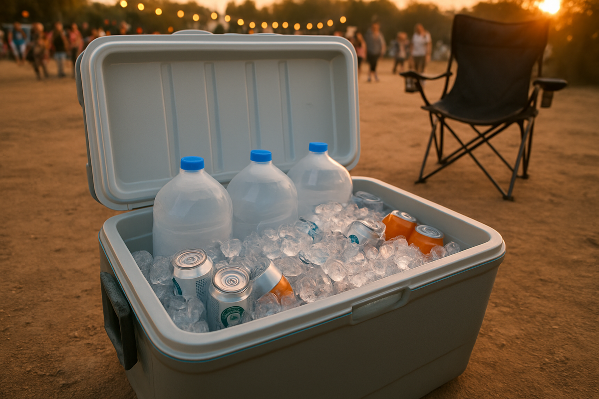 Open hard-sided cooler at a campsite, packed in clear layers: block ice on the bottom, frozen gallon water jugs standing upri...