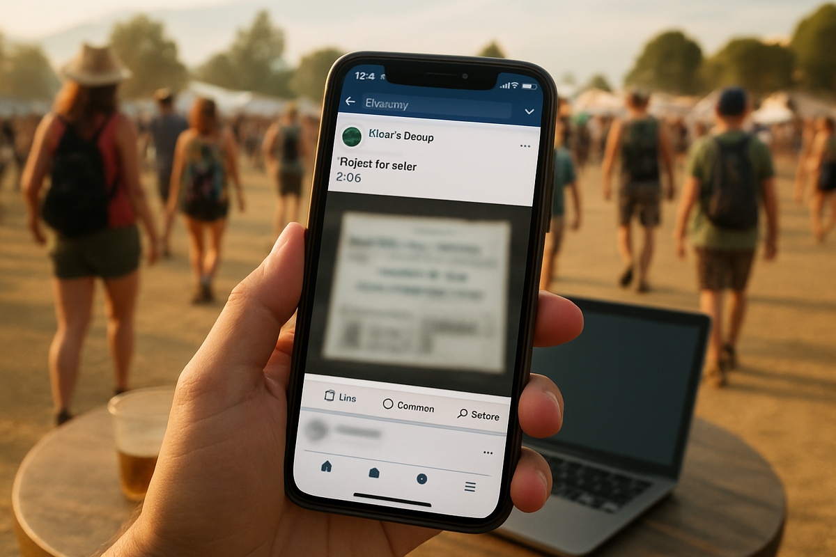 Close-up of a phone screen showing a Facebook resale group post with a blurred-out ticket screenshot, held in someone's hand ...