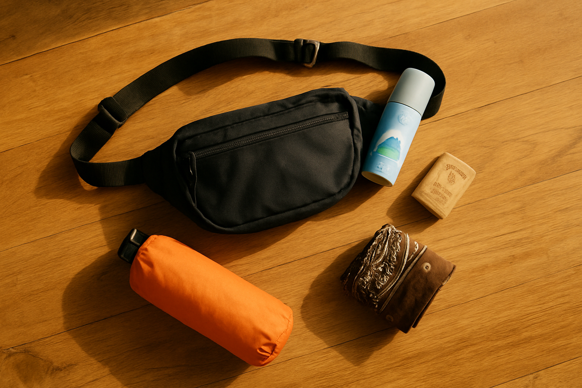 Overhead flat lay on a wood floor: a black nylon fanny pack next to a can of Nikwax spray, a bar of Otter Wax, a small orange...
