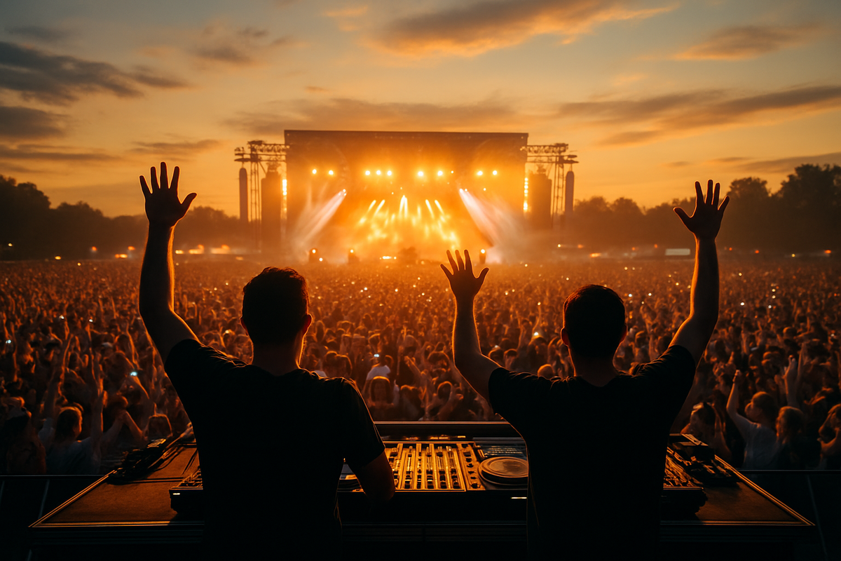 Wide crowd shot from behind the DJ booth at a major festival mainstage, two silhouetted figures visible at the decks with han...
