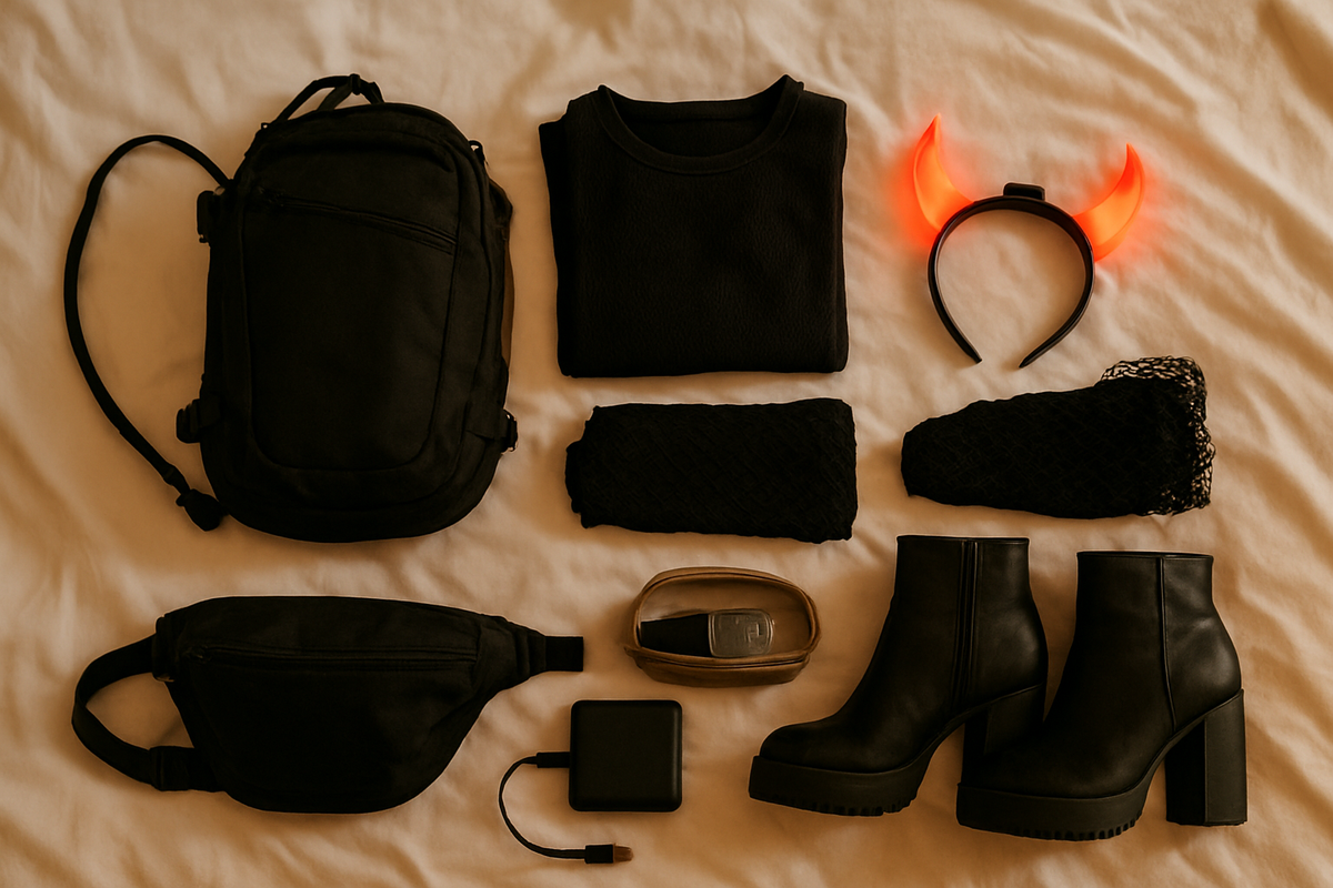 Flat-lay on a hotel bed near NOS: black hydration pack, folded thermal top, fishnet tights, LED devil horns, a small makeup b...