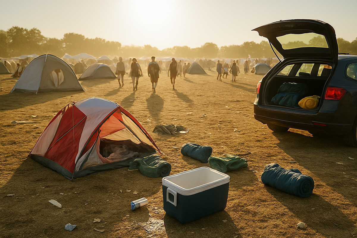 Overhead or wide shot of a festival campsite mid-teardown on a Monday morning: partially collapsed tent, rolled sleeping bags...