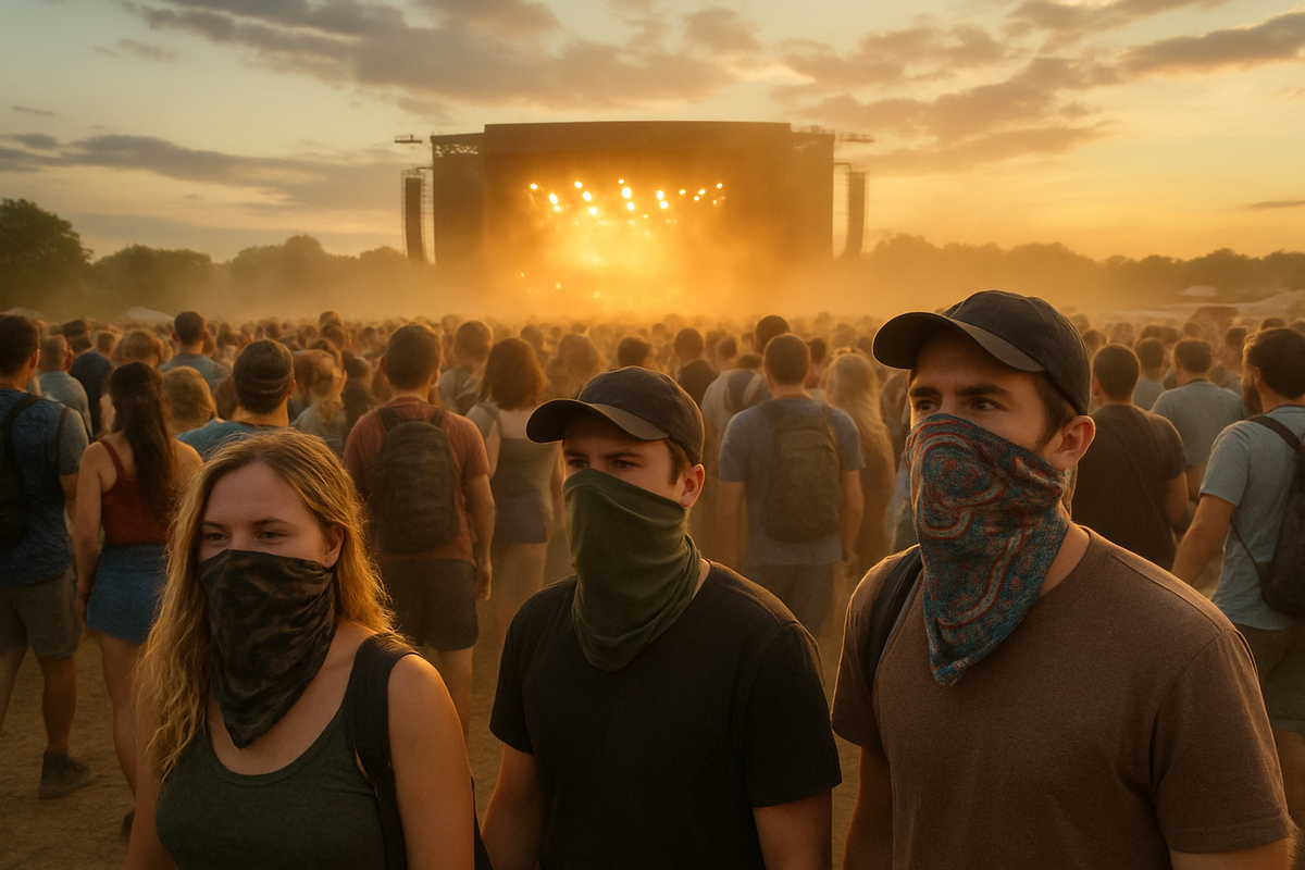 Wide shot of a Lost Lands crowd at Legend Valley during a bass drop, visible dust cloud catching the stage lights, a few peop...
