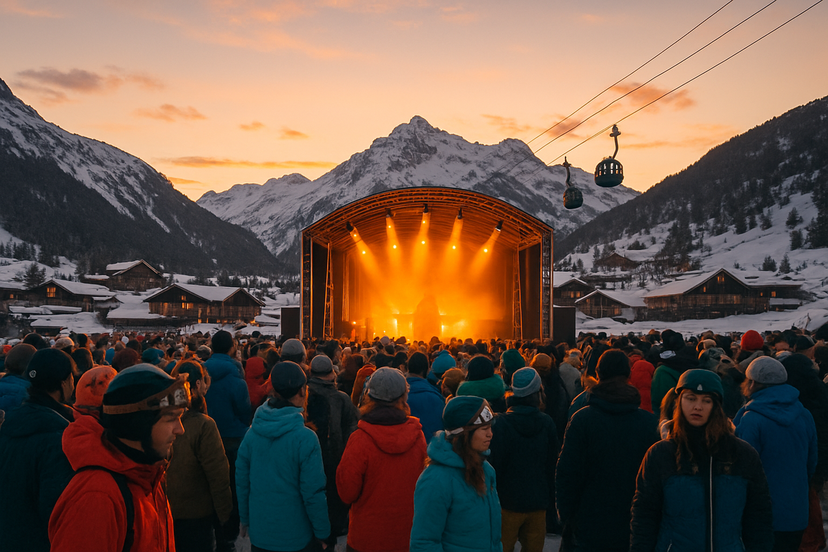 Wide shot of a snowy alpine village at dusk with a large outdoor stage lit up, mountains in the background, crowd in ski jack...