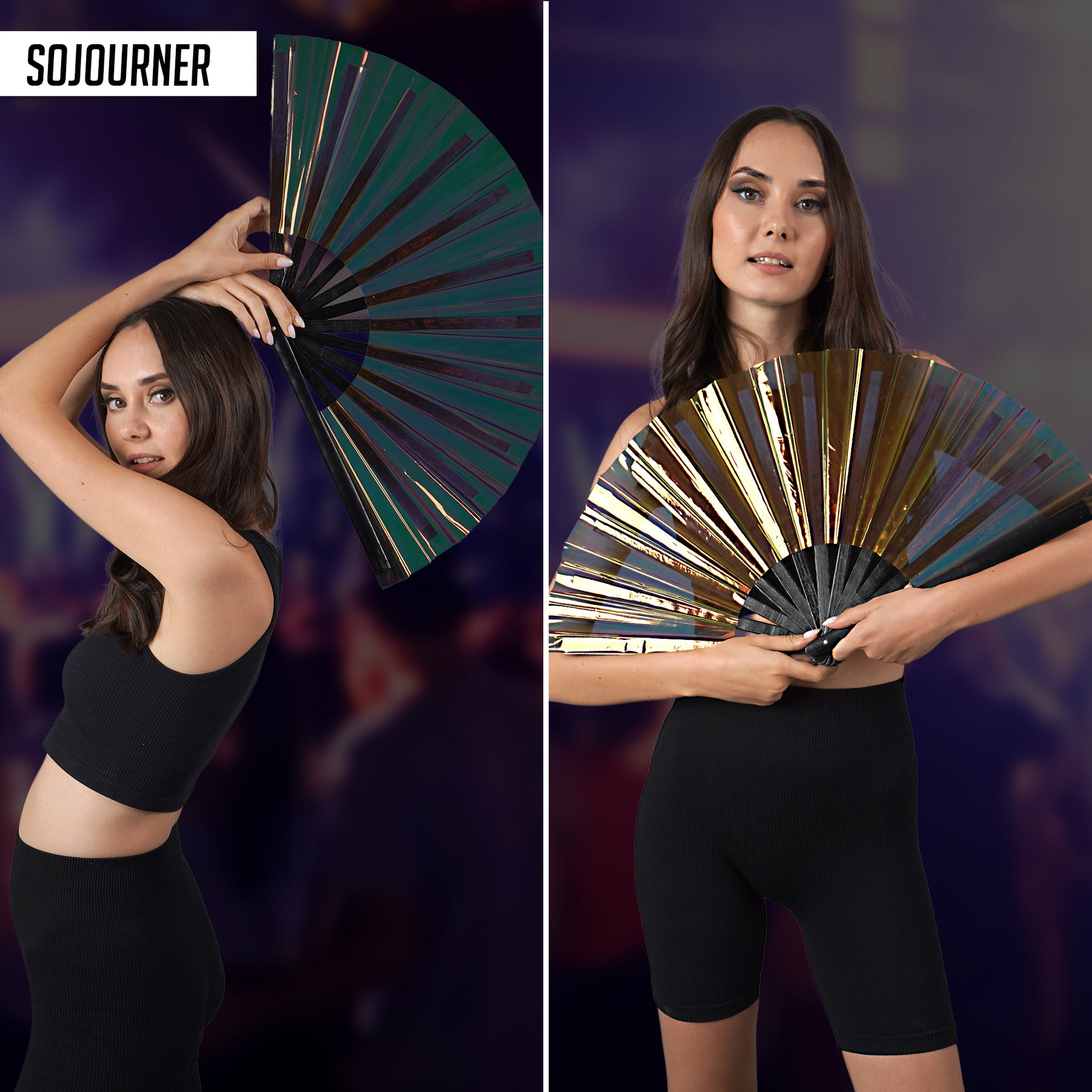 Holographic Rave Fan - Pride Fan and Festival Fan - Large Folding Fan for Festivals (Coffee Black)