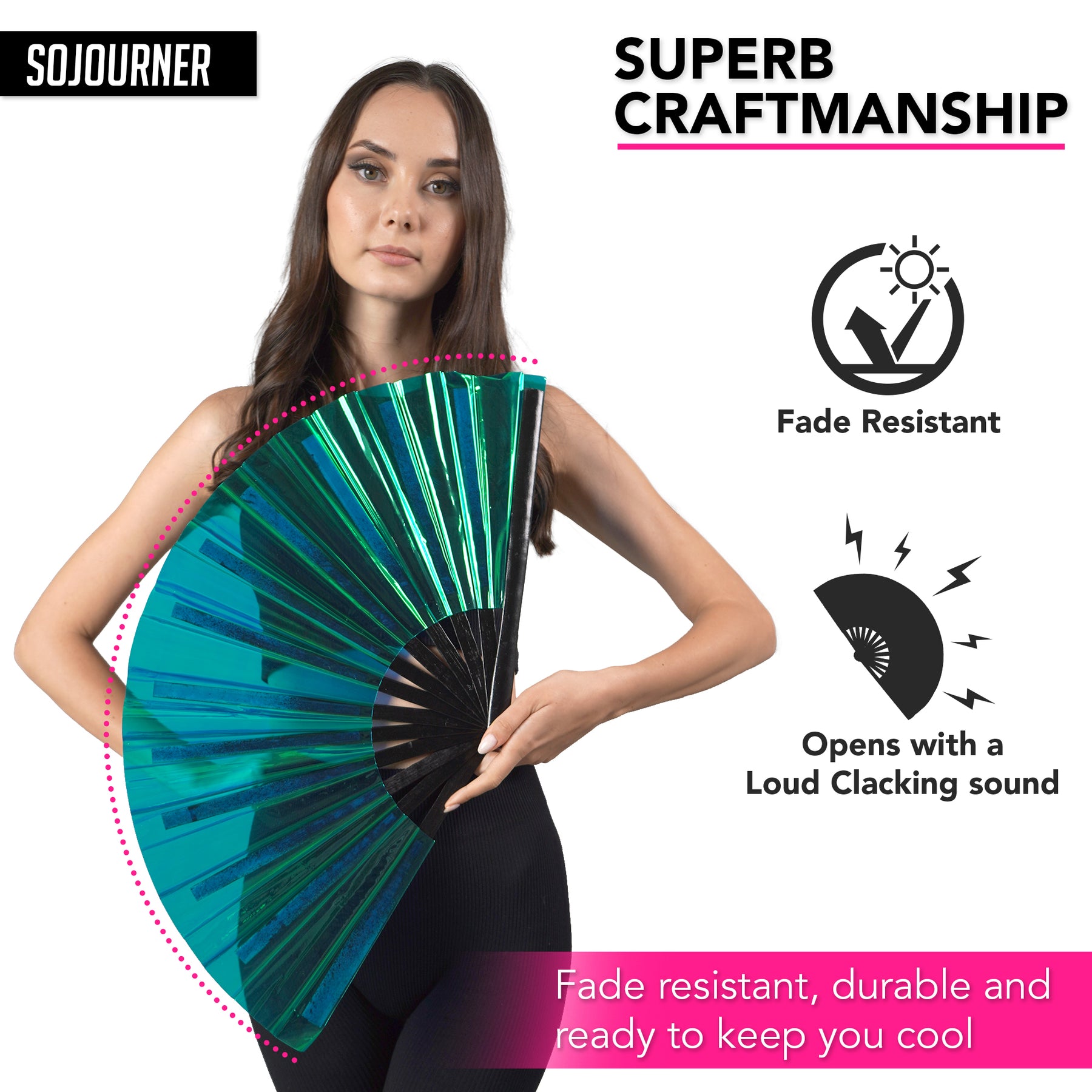 Holographic Rave Fan - Pride Fan and Festival Fan - Large Folding Fan for Festivals (Holographic Teal)
