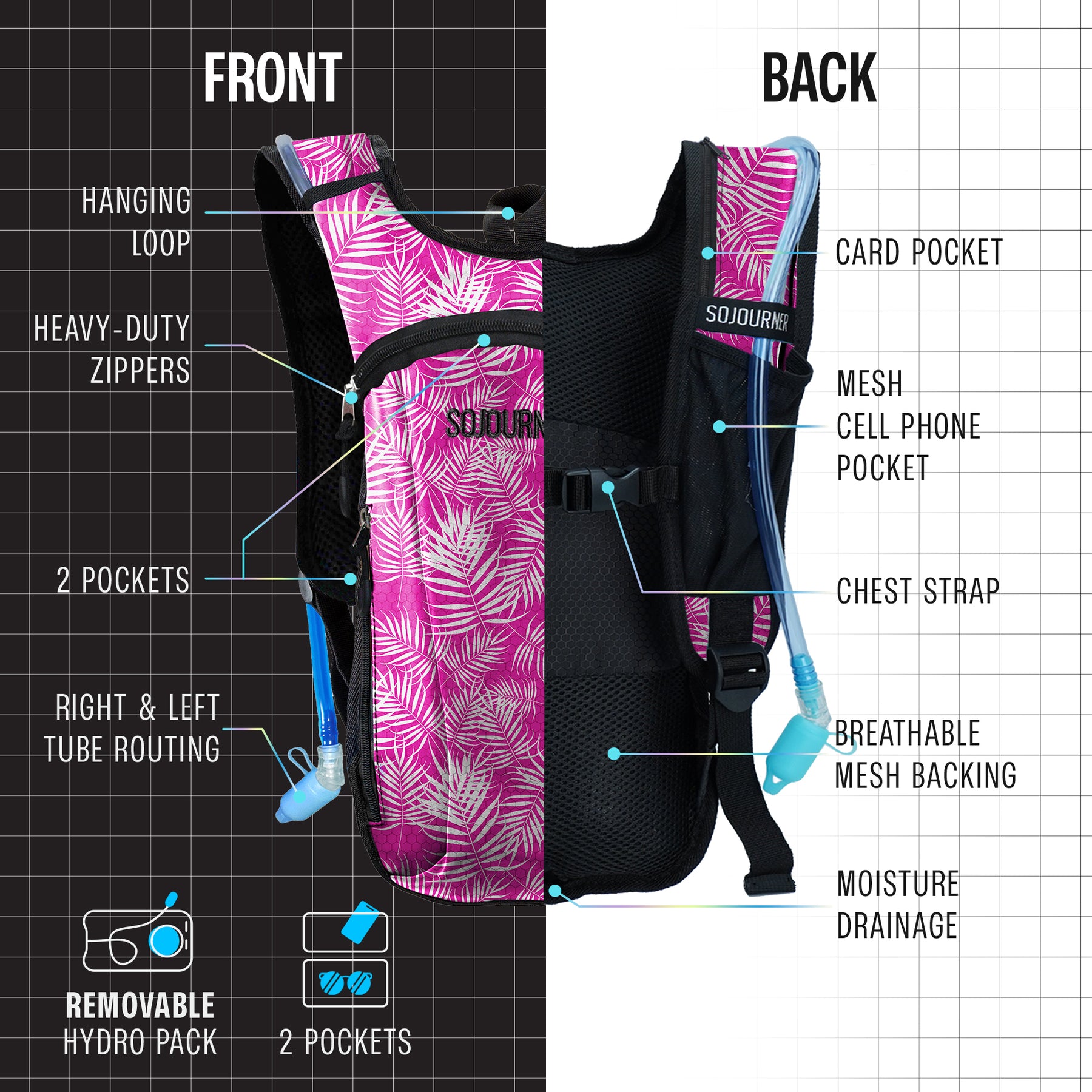 Hydration Pack Backpack - 2L Water Bladder - Pink Palm