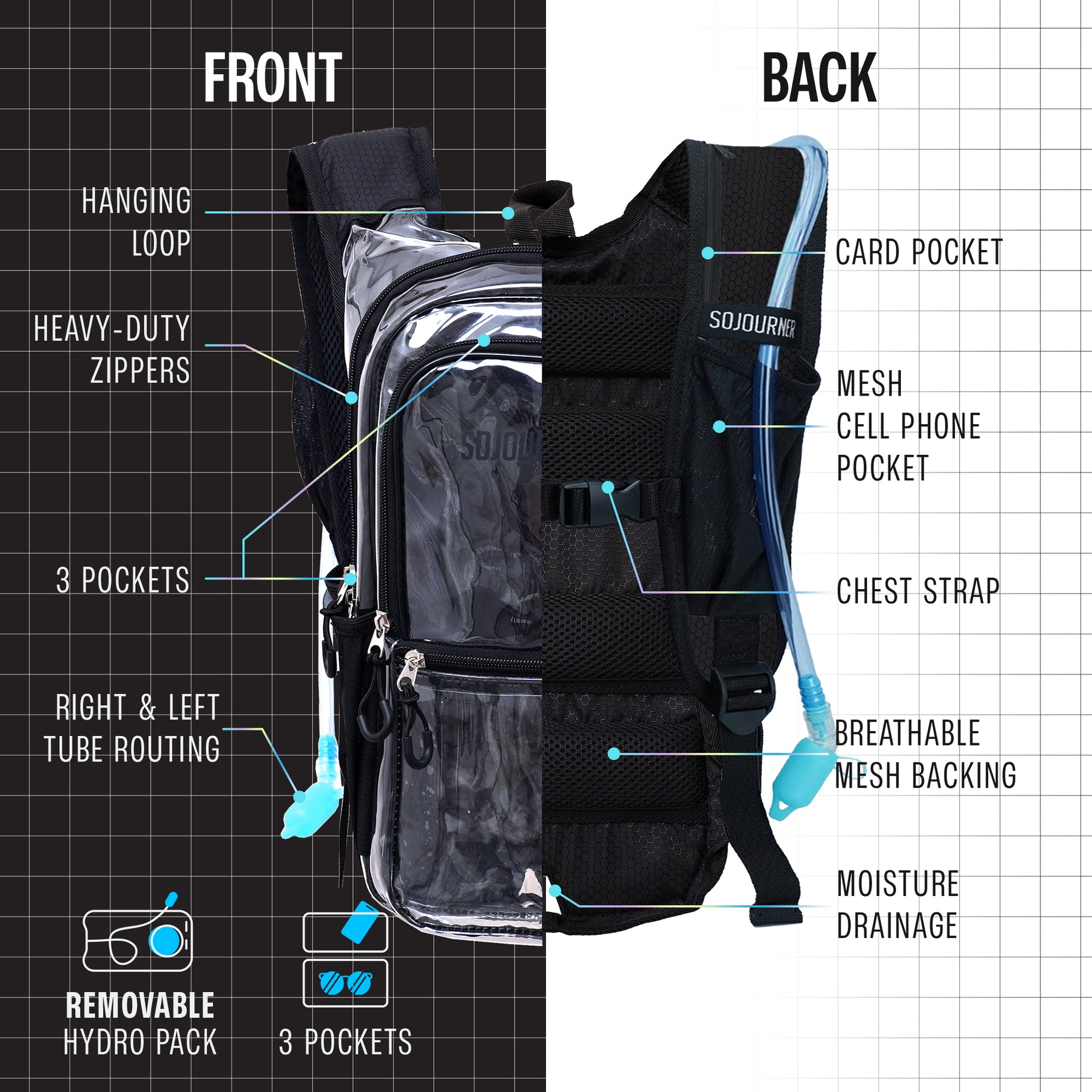 Medium Hydration Pack Backpack - 2L Water Bladder - Clear Transparent