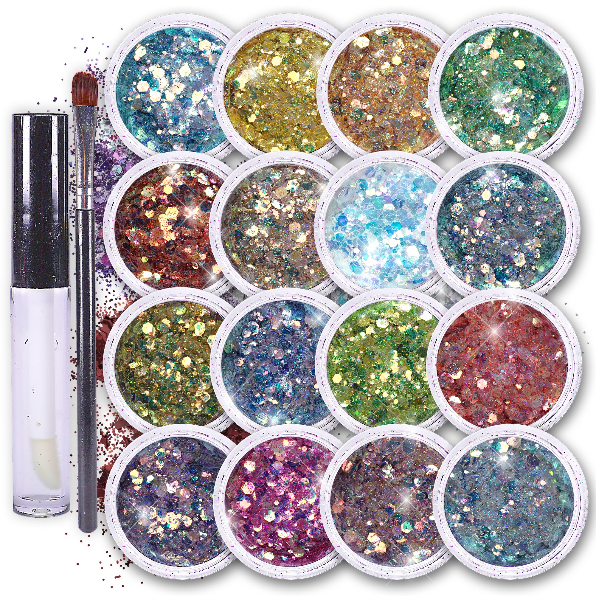 Fairy Tears Chunky Holographic Body Glitter I 16 Colors + Glitter Glue for Face Glitter Makeup, Hair, Eye & Fine Glitter Eyeshadow