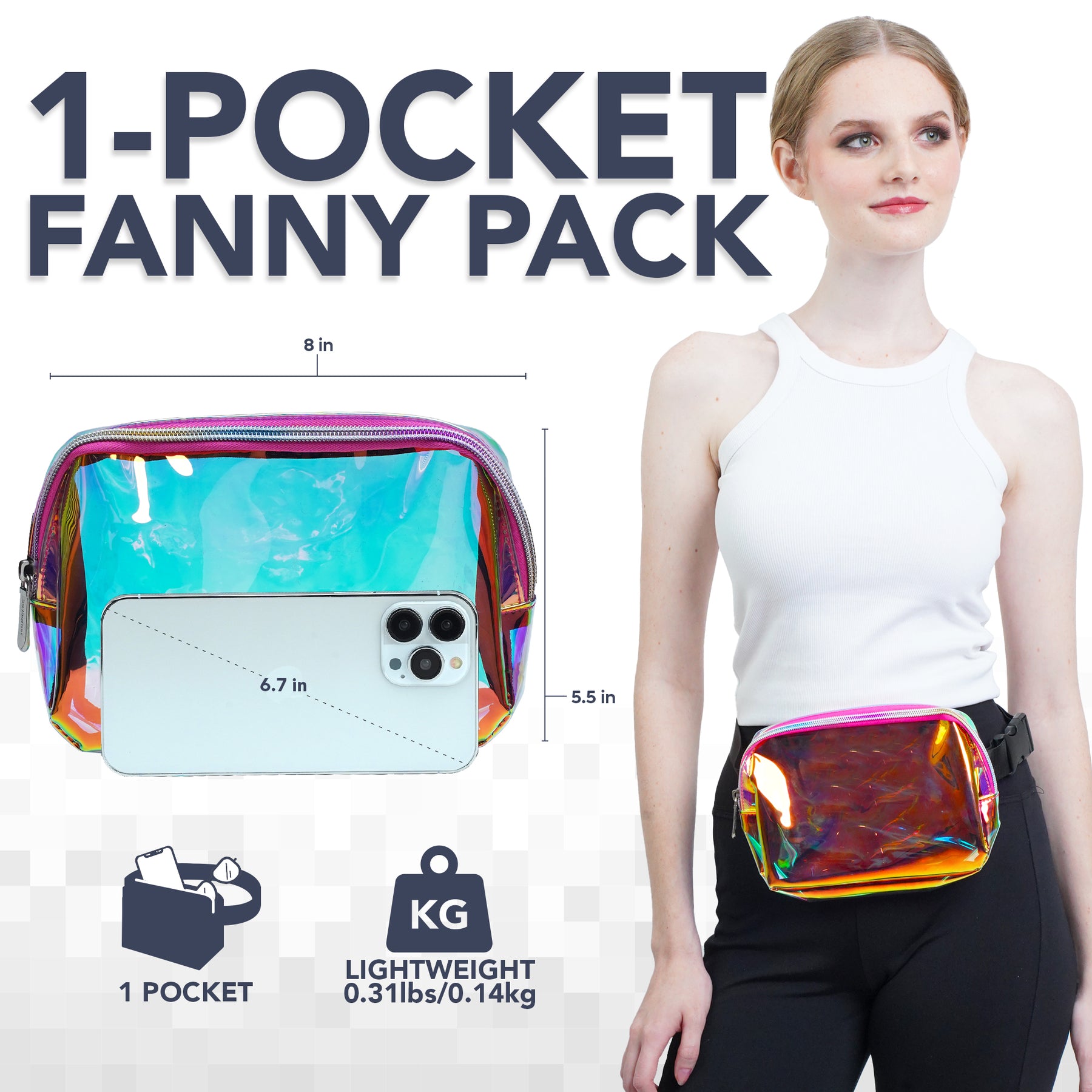 Transparent Fanny Pack (Gold Pink) Belt Bag for Women I Holographic Cross Body Fanny Packs for Women