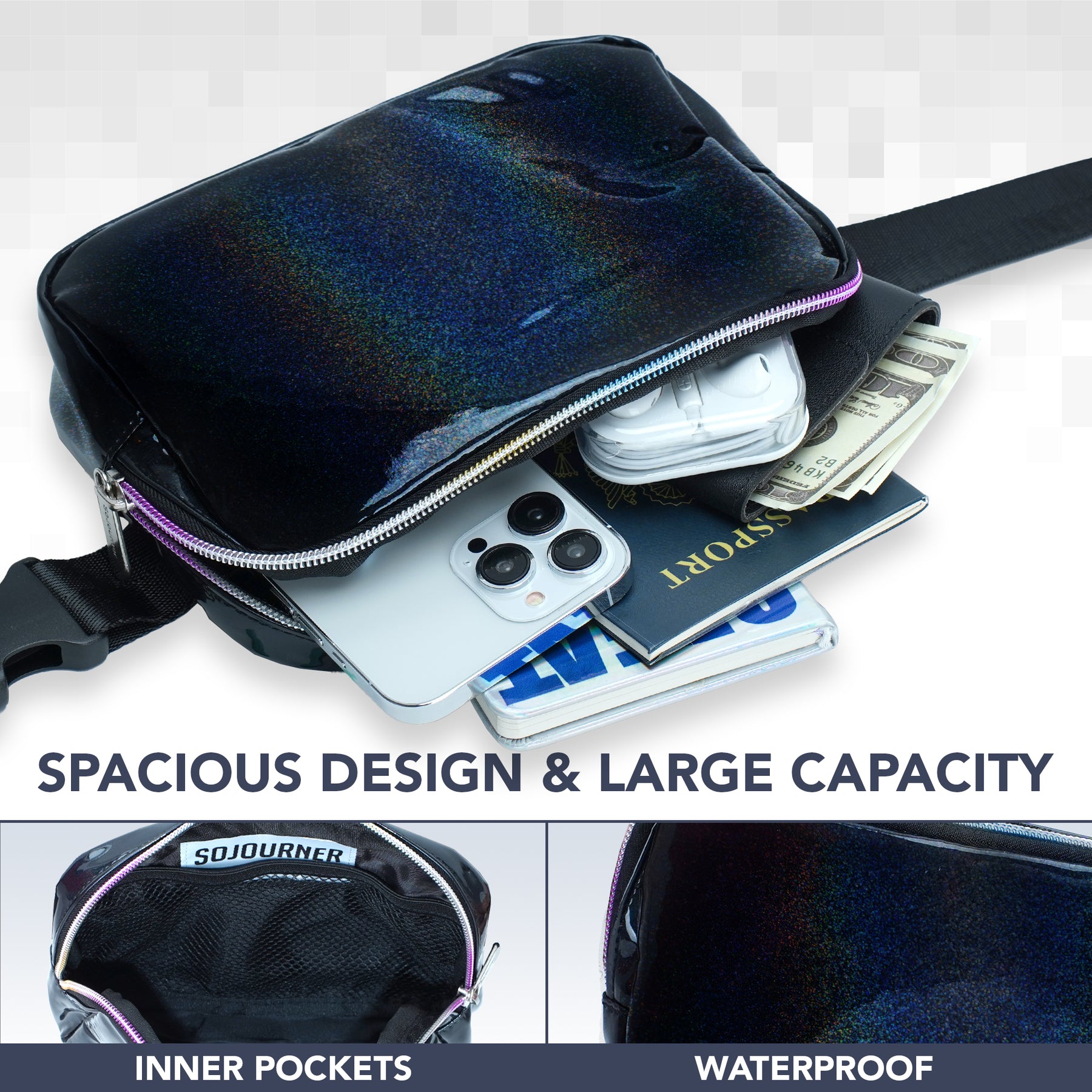 Black Rave Fanny Pack (Holographic) Belt Bag for Women I Cross Body Fanny Packs for Women - Crossbody Bags small Waist Bag Men