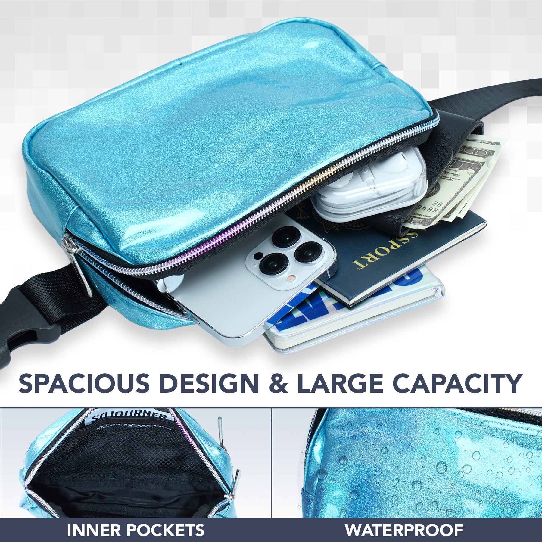 Blue Laser Sparkly Holographic Fanny Pack (Blue) Belt Bag for Women I Rave Cross Body Fanny Packs for Women - Crossbody Bags small Waist Bag Men