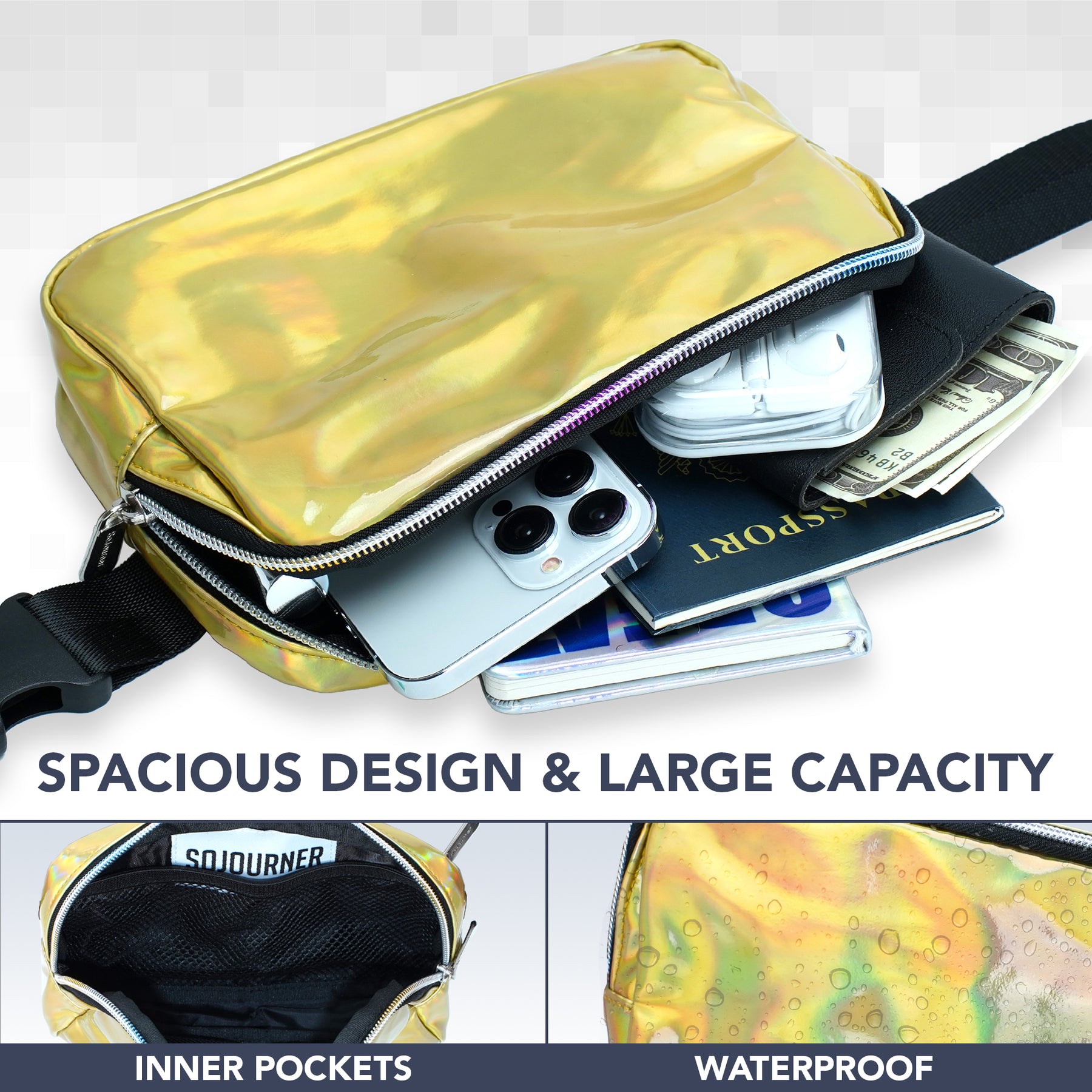 Gold Fanny Pack Belt Bag for Women I Holographic Cross Body Fanny Packs for Women - Rave Crossbody Bags small Waist Bag Men