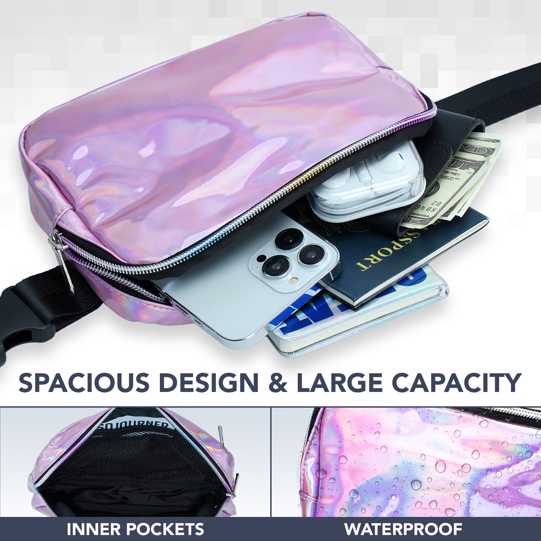 Pink Holograhic Fanny Pack Belt Bag for Women I Rave Cross Body Fanny Packs for Women - Crossbody Bags small Waist Bag Men