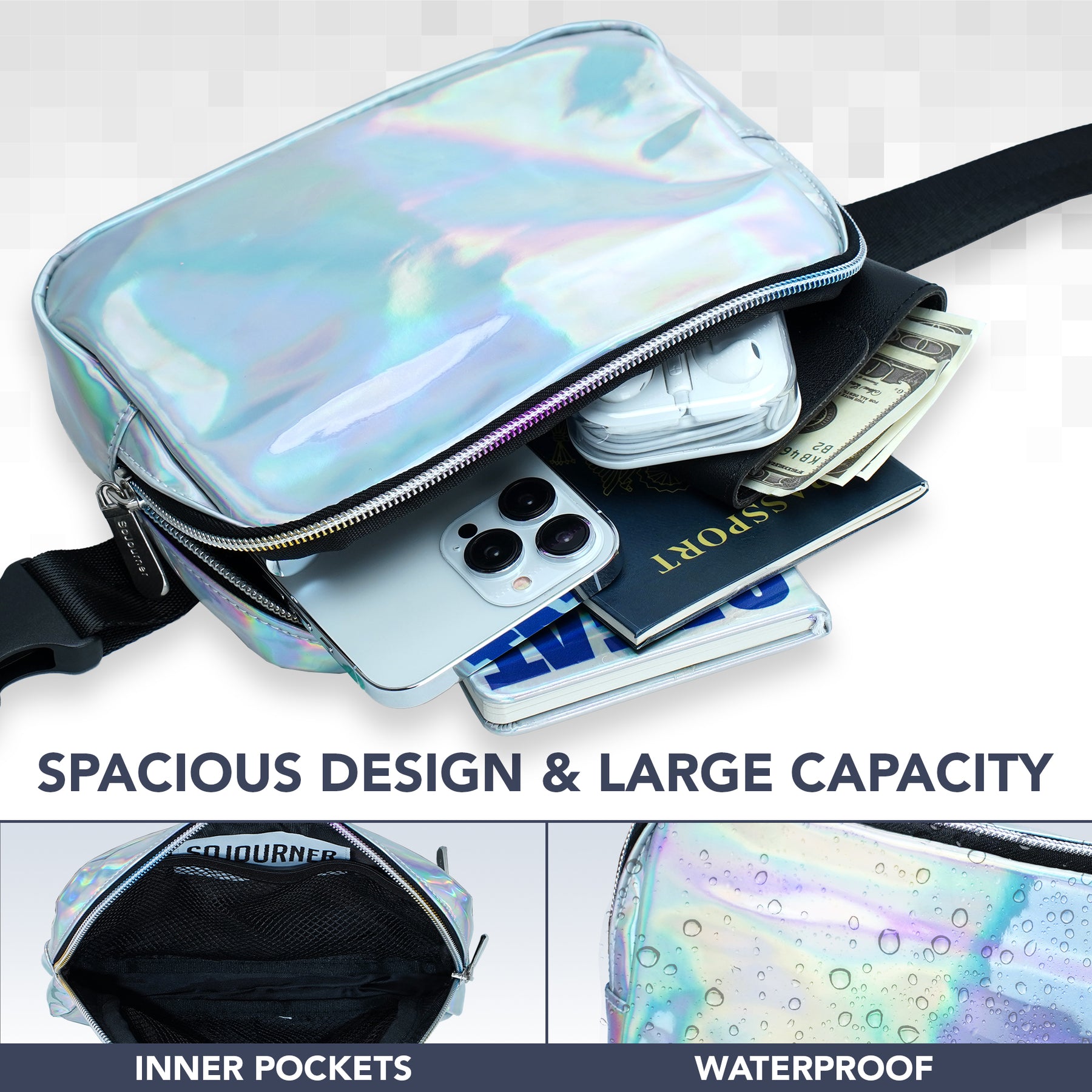 Silver Laser Holgraphic Fanny Pack (Silver) Belt Bag for Women I Cross Body Rave Fanny Packs for Women - Crossbody Bags small Waist Bag Men