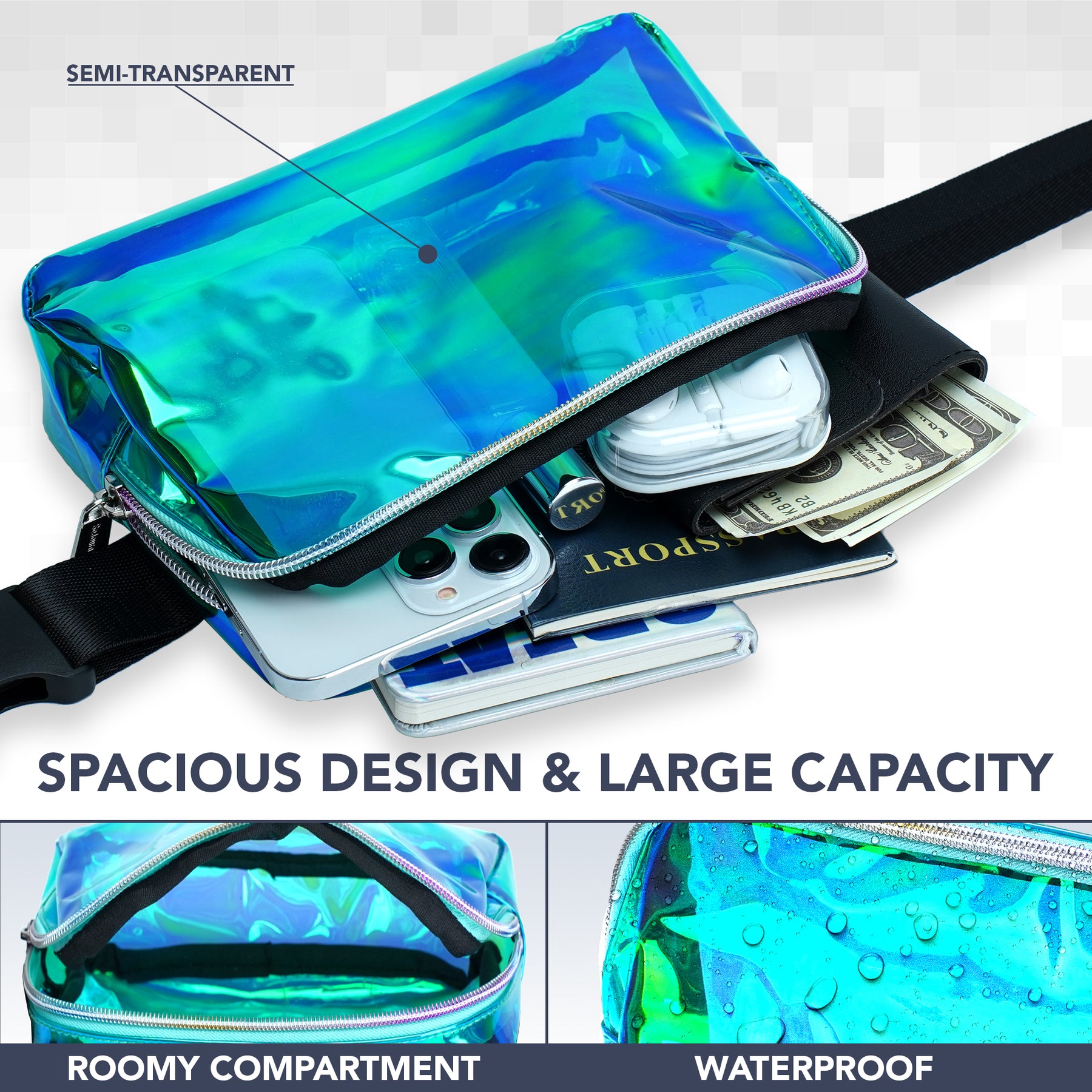 Rave Laser Aqua Fanny Pack Belt Bag for Women I Cross Body Fanny Packs for Women - Crossbody Bags small Waist Bag Men