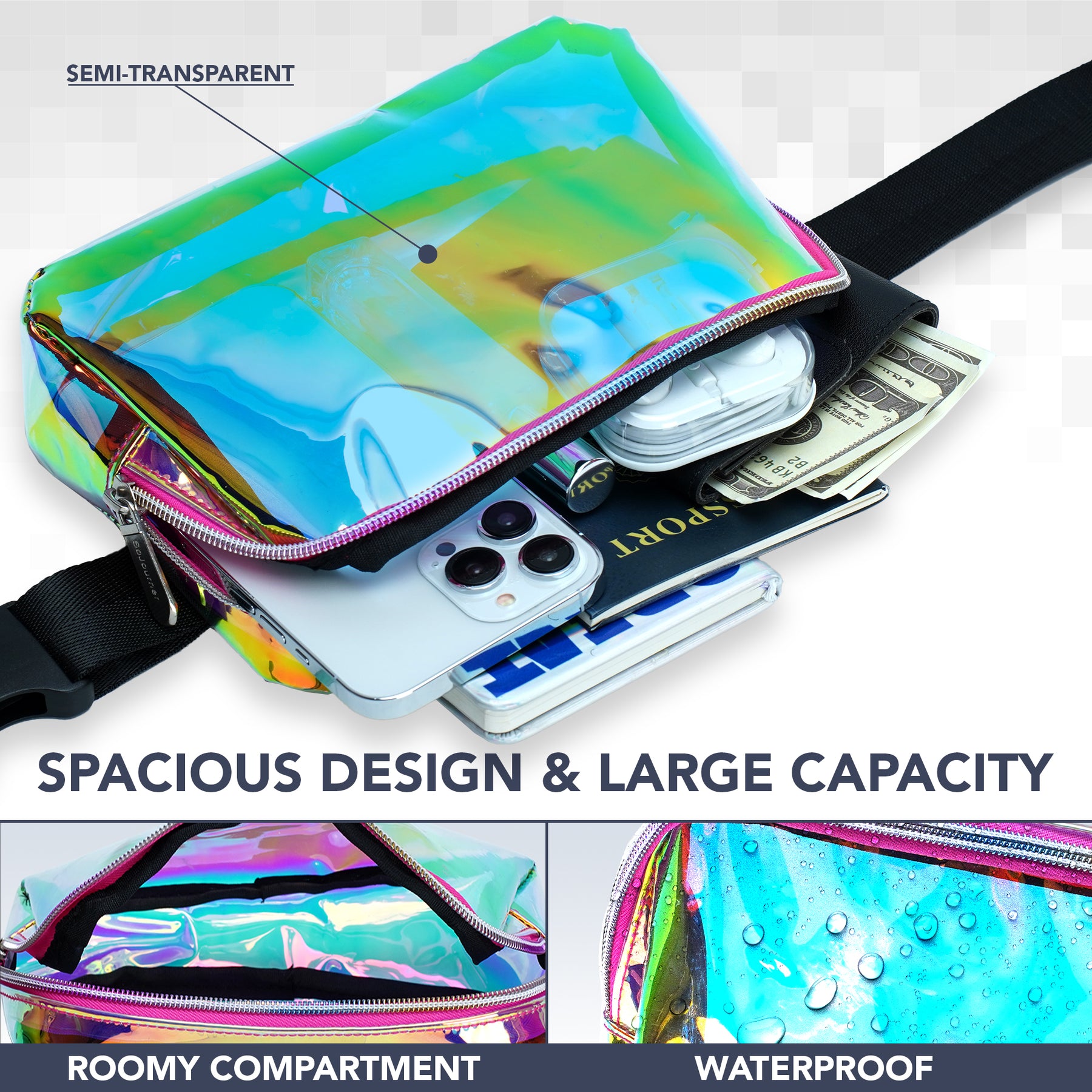 Transparent Fanny Pack (Gold Pink) Belt Bag for Women I Holographic Cross Body Fanny Packs for Women