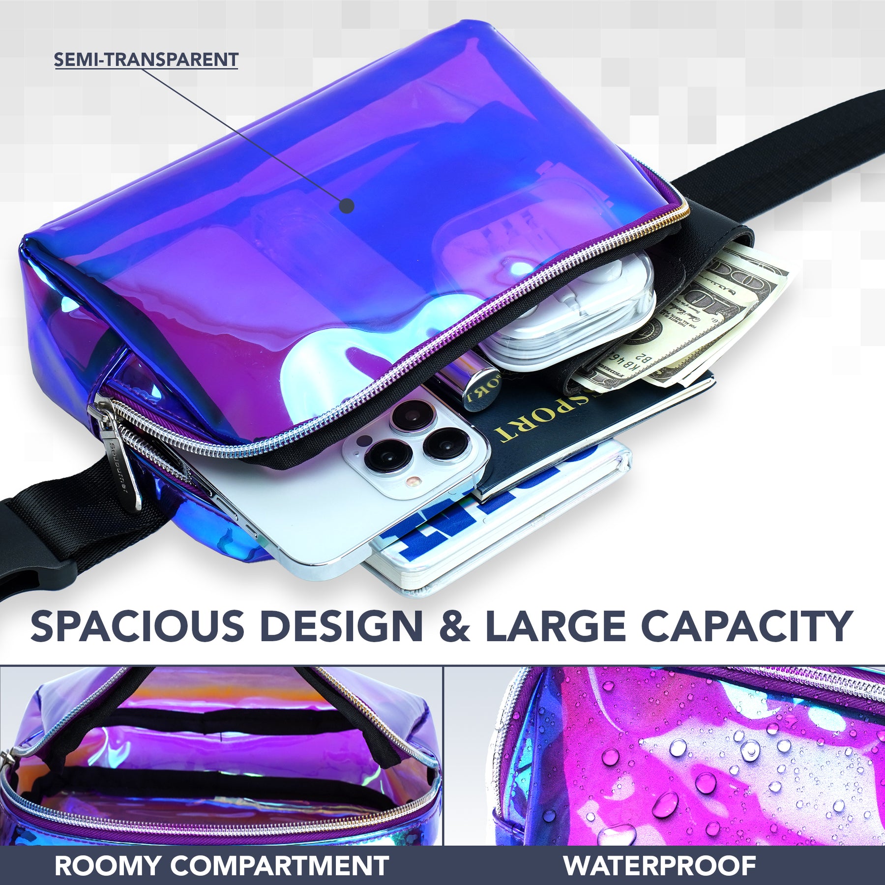 Purple Laser Holographic Rave Fanny Pack (Purple) Belt Bag for Women I Cross Body Festival Fanny Packs for Women - Crossbody Bags Waist Bag Men