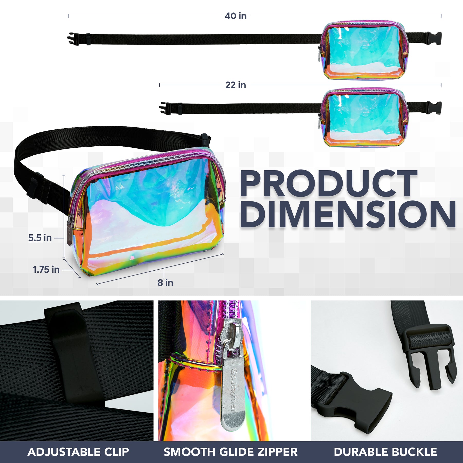 Transparent Fanny Pack (Gold Pink) Belt Bag for Women I Holographic Cross Body Fanny Packs for Women
