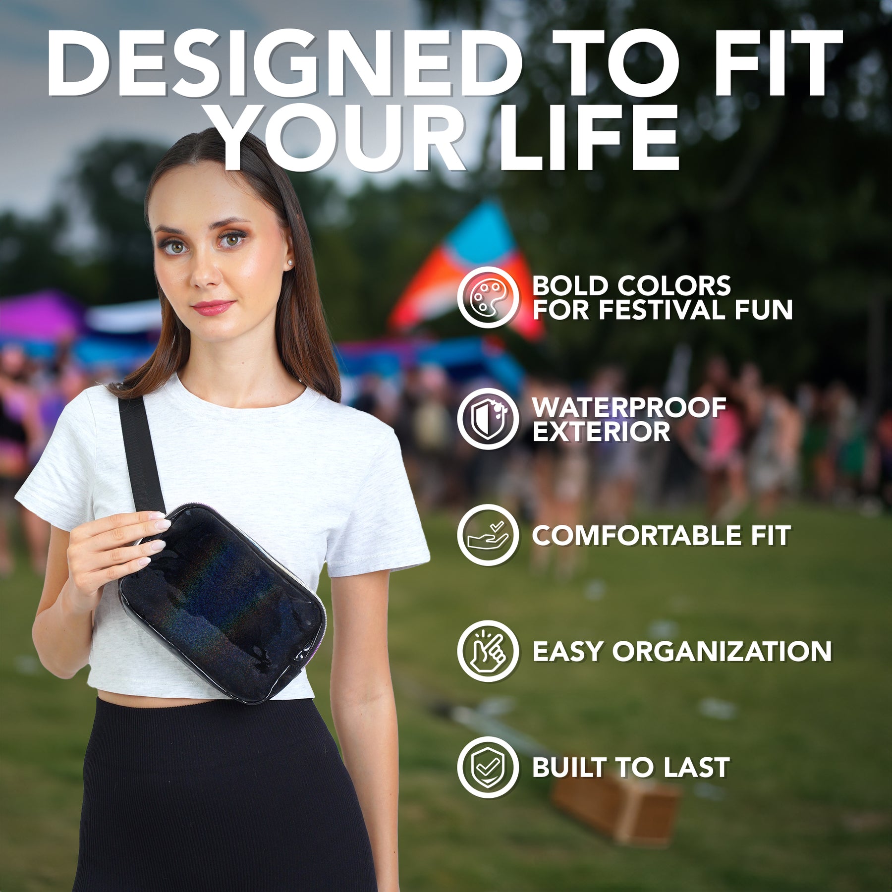 Black Rave Fanny Pack (Holographic) Belt Bag for Women I Cross Body Fanny Packs for Women - Crossbody Bags small Waist Bag Men