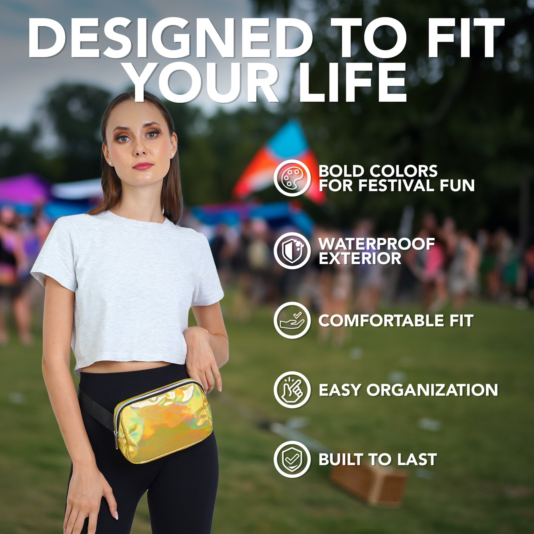 Gold Fanny Pack Belt Bag for Women I Holographic Cross Body Fanny Packs for Women - Rave Crossbody Bags small Waist Bag Men
