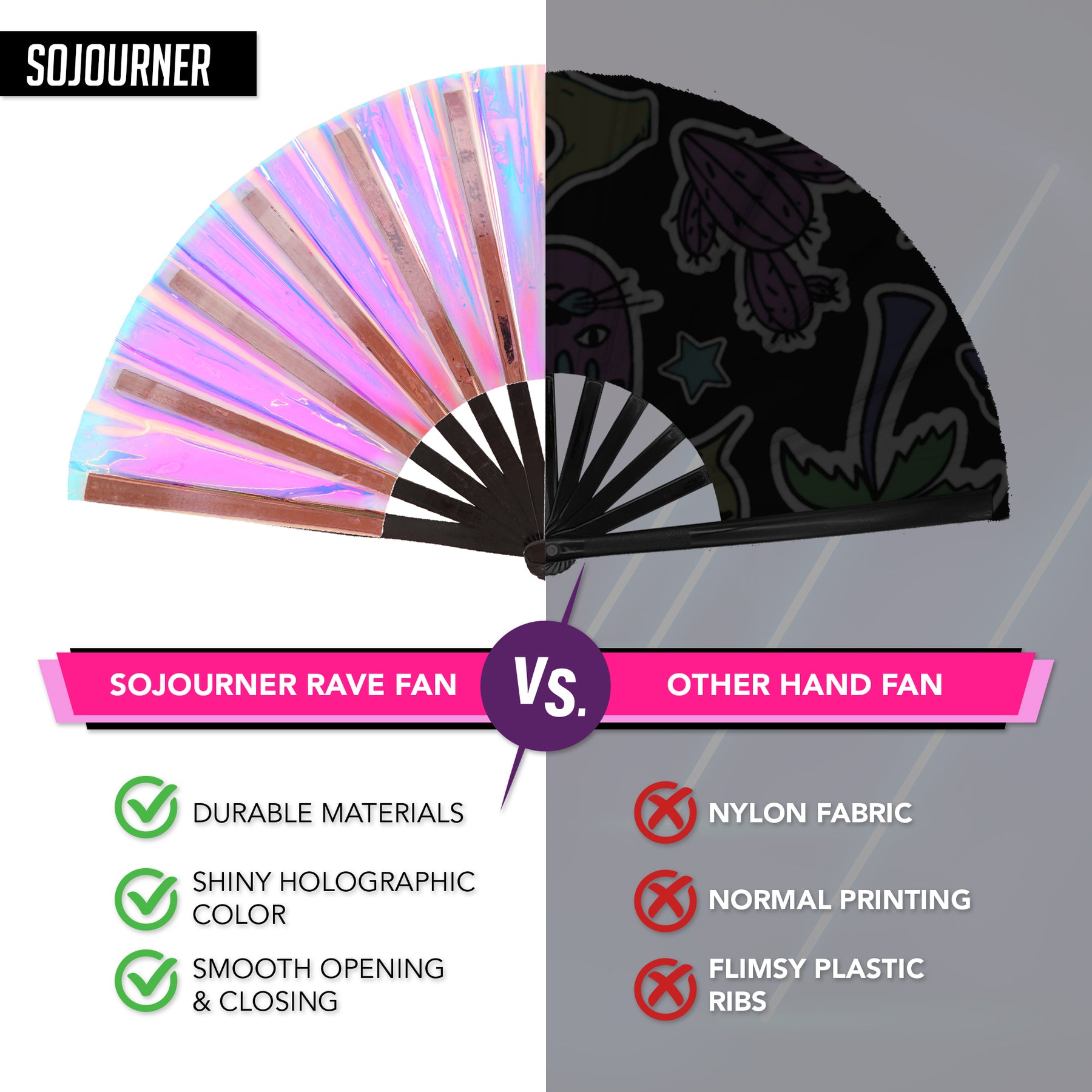 Holographic Rave Fan - Festival Fan - Large Folding Fan for Festivals (Velvet)