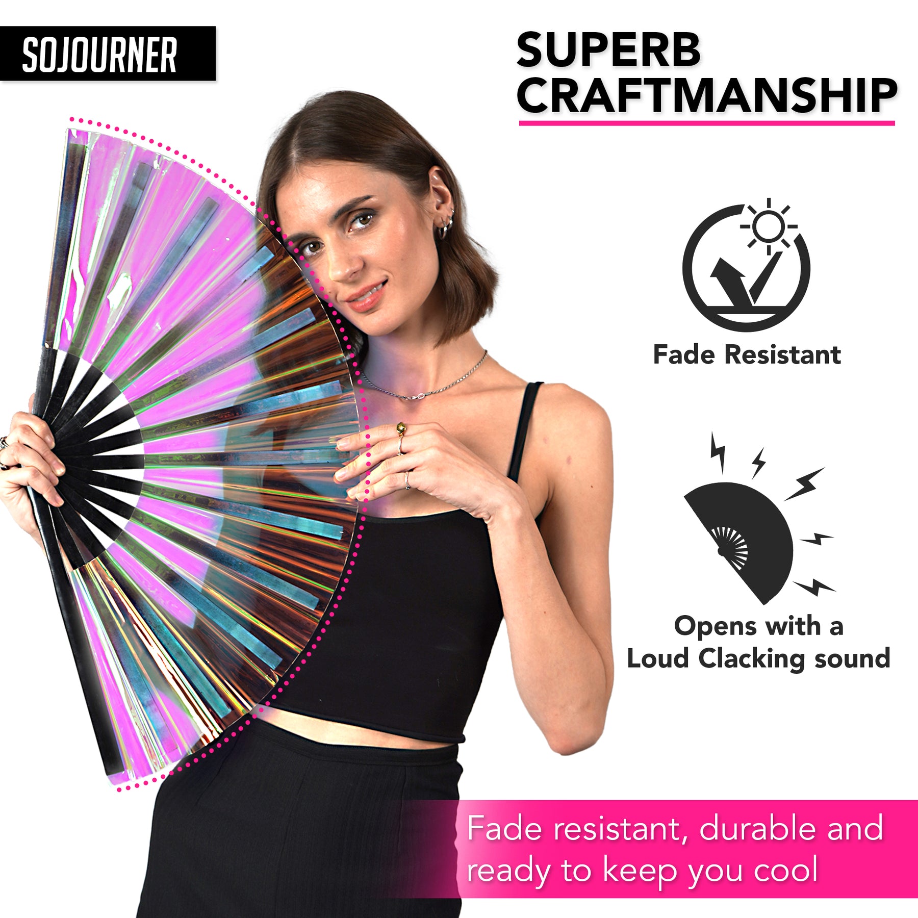 Holographic Rave Fan - Festival Fan - Large Folding Fan for Festivals (Velvet)