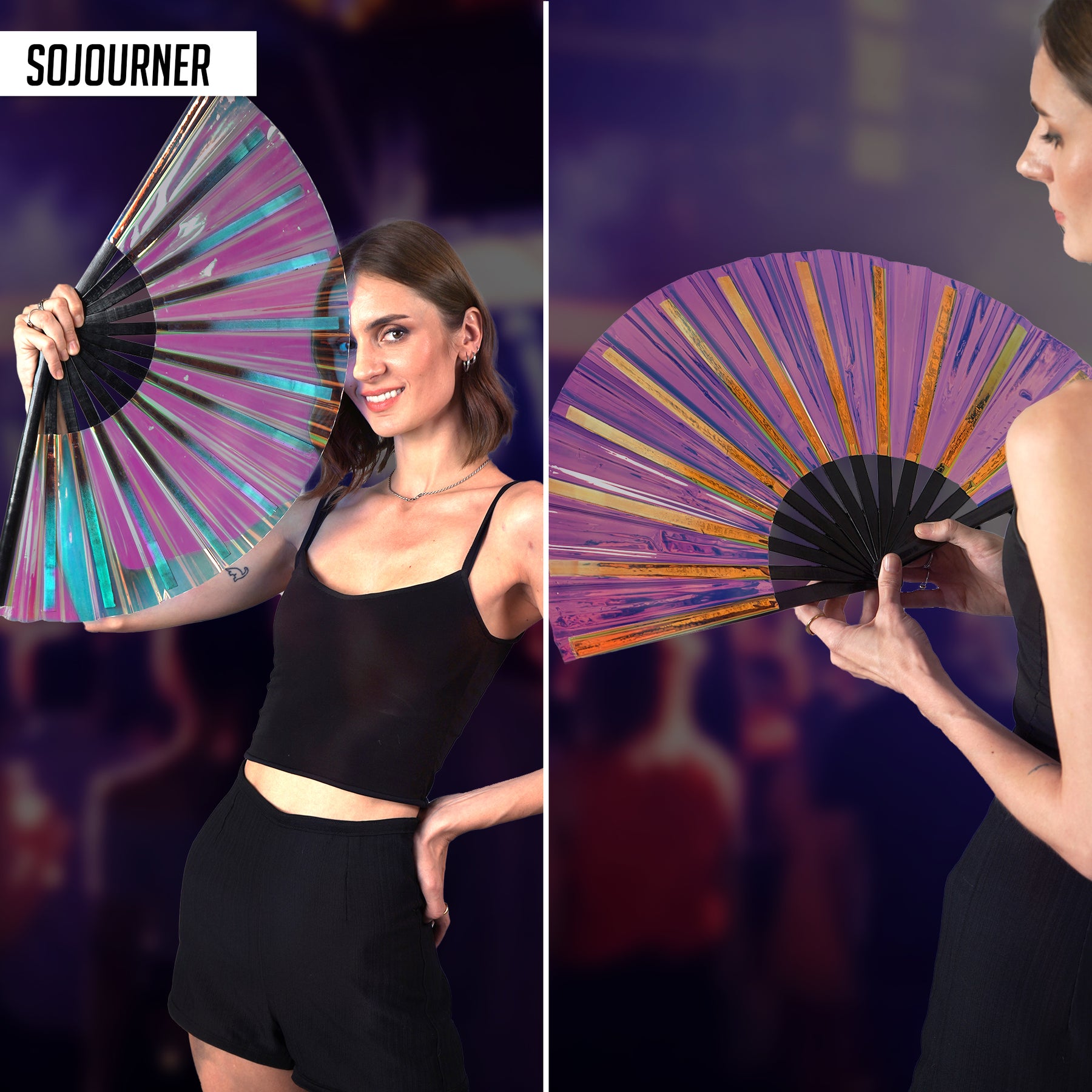 Holographic Rave Fan - Festival Fan - Large Folding Fan for Festivals (Velvet)