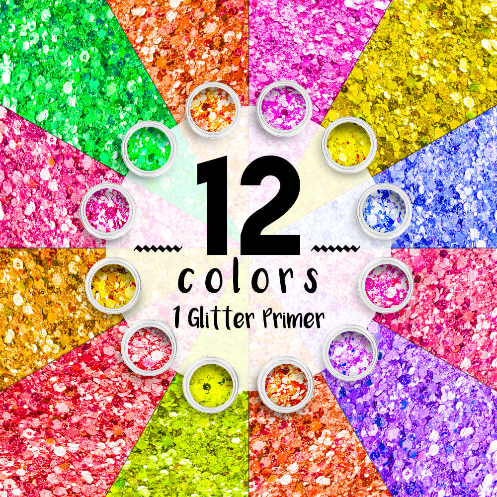 12 pack Neon Glitter + 1 glitter glue Chunky Cosmetic Holographic Glitter | Body, Face & Hair Safe