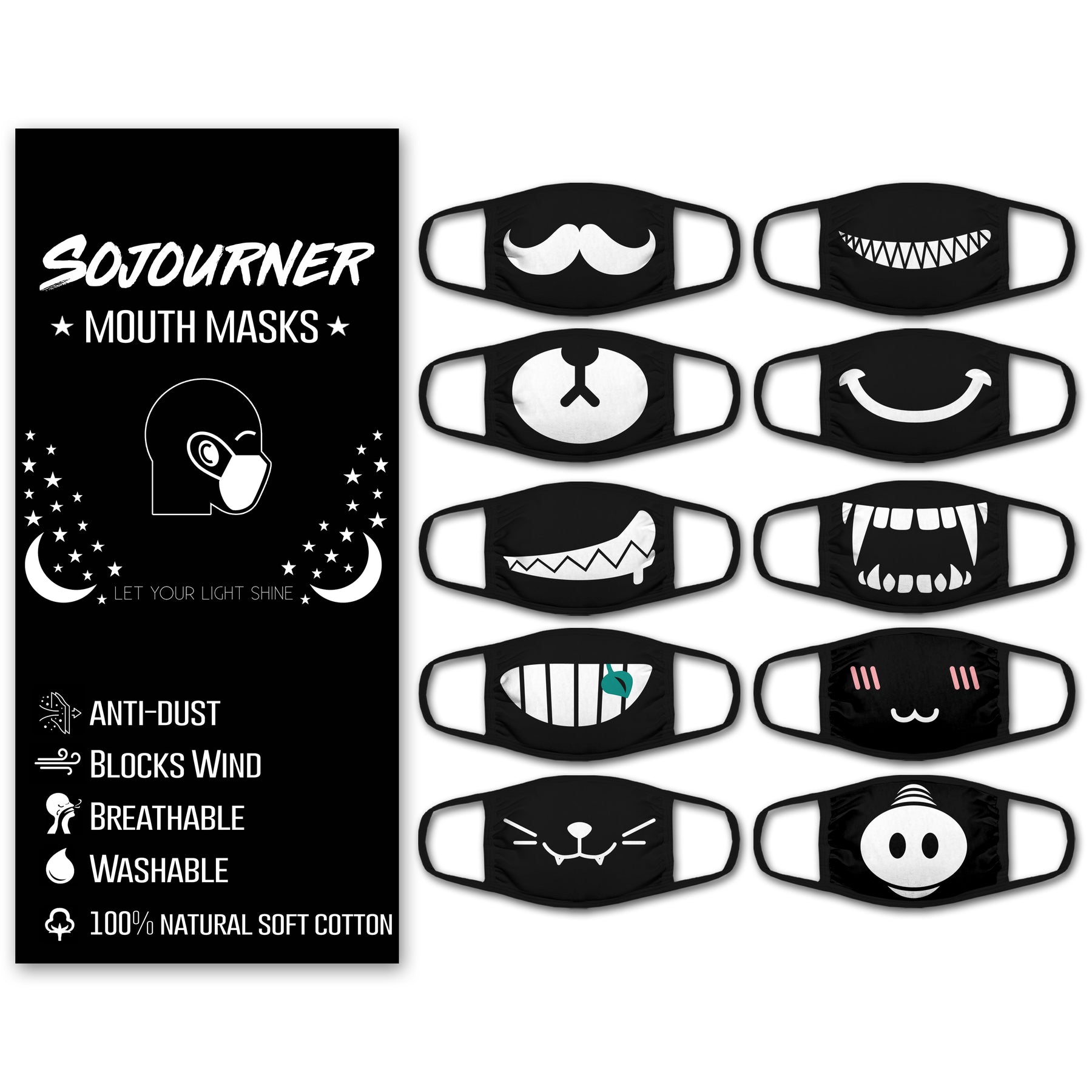 Face Masks (10 Pack) Black Cotton Mask - Adult Cute Anime Design - Cool Anti Dust Face Covering