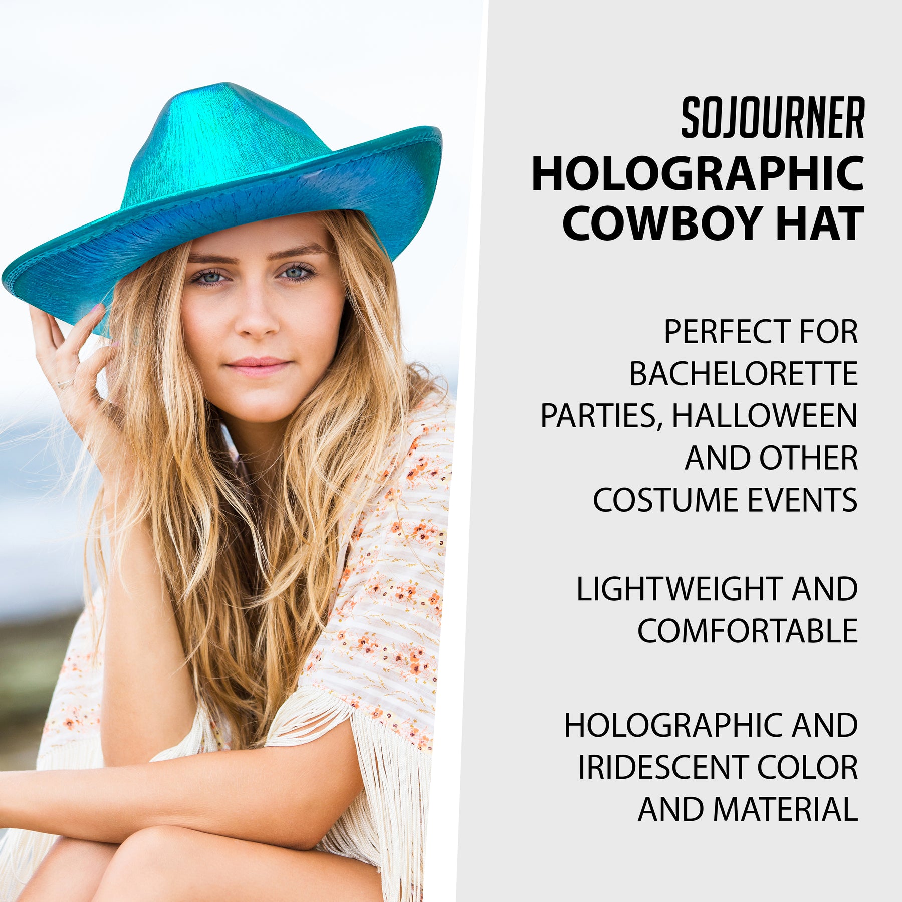 Neon Sparkly Glitter Space Cowboy Hat - Holographic Blue Halloween Party Disco Cowgirl Hat for Birthday & Bachelorette