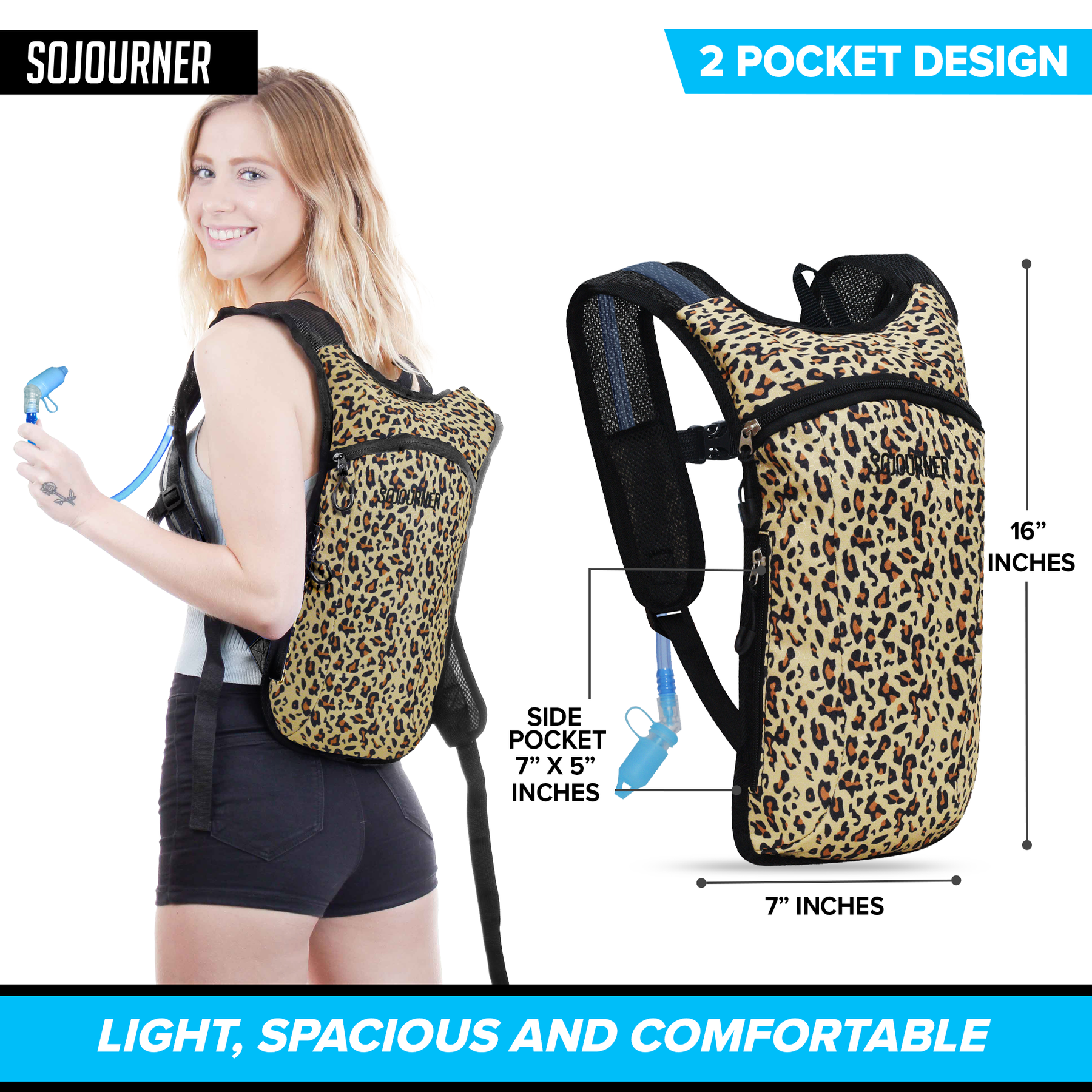 Hydration Pack Backpack - 2L Water Bladder - Cheetah