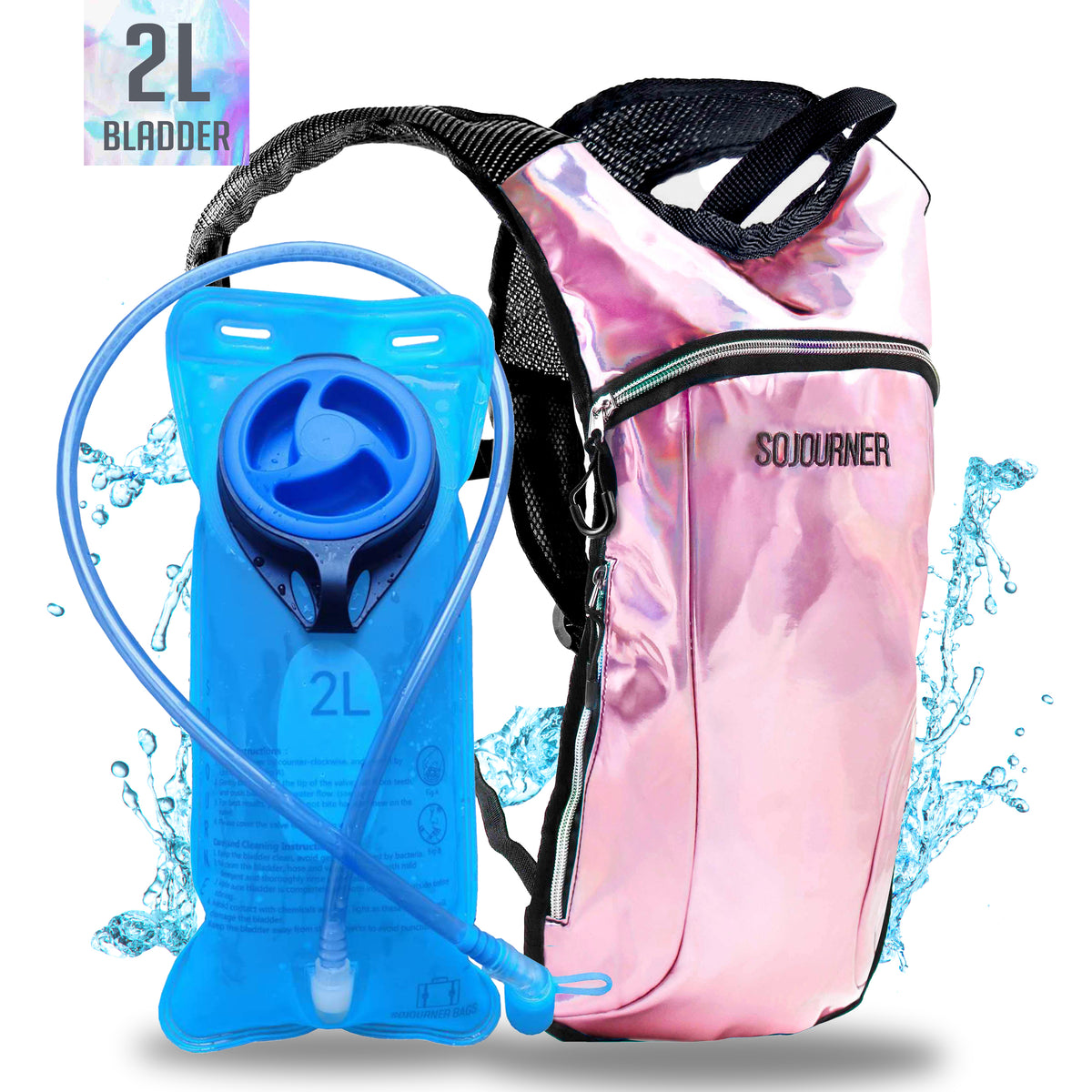 Hydration Pack Backpack - 2L Water Bladder - Holographic Pink