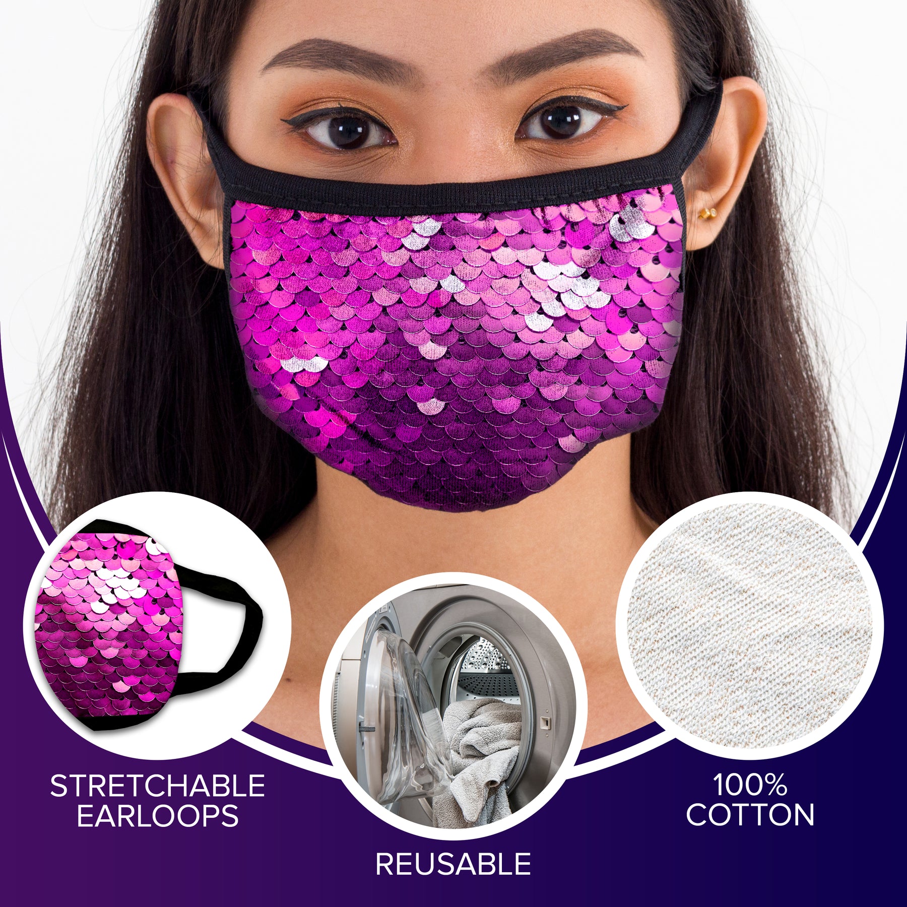 Face Mouth Mask - Cotton Face Covering (5 Pack - Sequins)