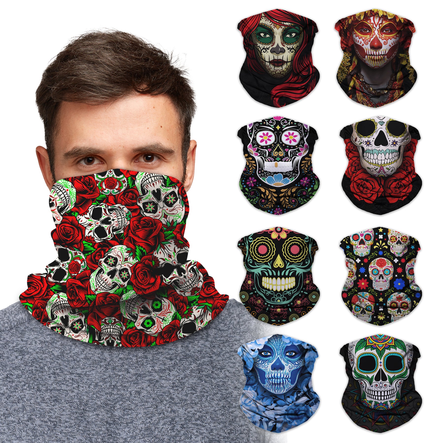 Neck Gaiter Face Mask Bandana Neck Gators Face Coverings for Men & Women I Neck Gator Masks Skulls Los Muertos