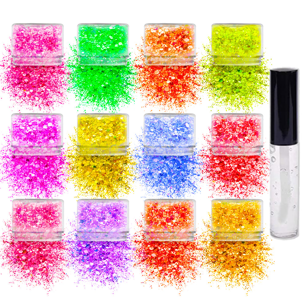 12 pack  Neon Glitter + 1 glitter glue Chunky Cosmetic Holographic Glitter | Body, Face & Hair Safe