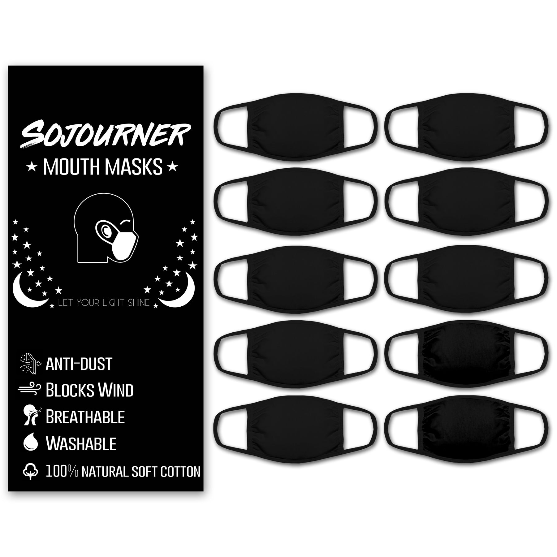 Black Face Mouth Mask - Cotton Face Covering (10 Pack) - Face Mask Resuable, Washable, Breathable, Adjustable