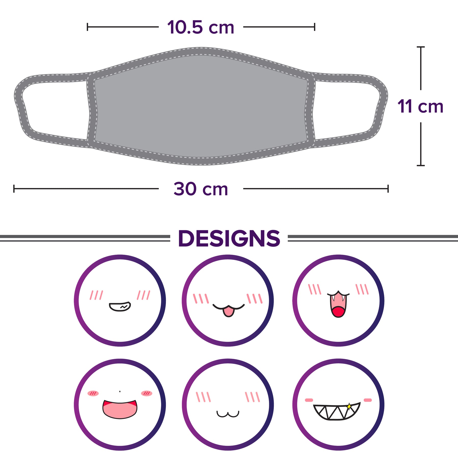 Face Masks (6 Pack - White Anime Designs) White Cotton Mask - Adult Cute Anime Design - Face Mask Reusable, Washable, Breathable, Adjustable