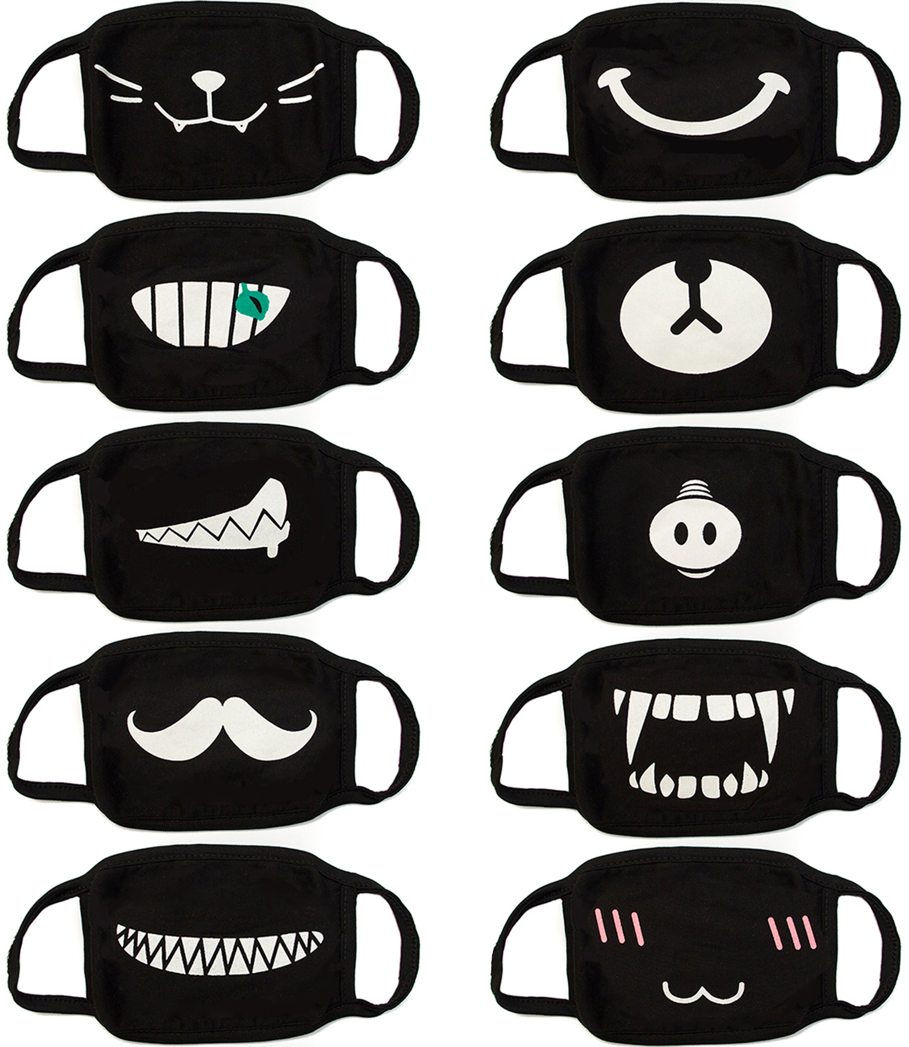 Face Masks (10 Pack) Black Cotton Mask - Adult Cute Anime Design - Cool Anti Dust Face Covering