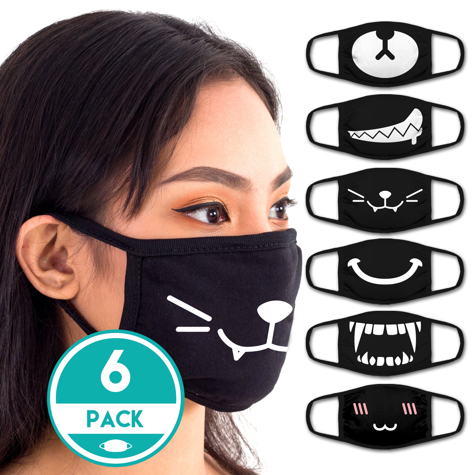 Face Mouth Mask - Cotton Face Covering Neck Mask for Men and Women - 6 Pack Black Anime