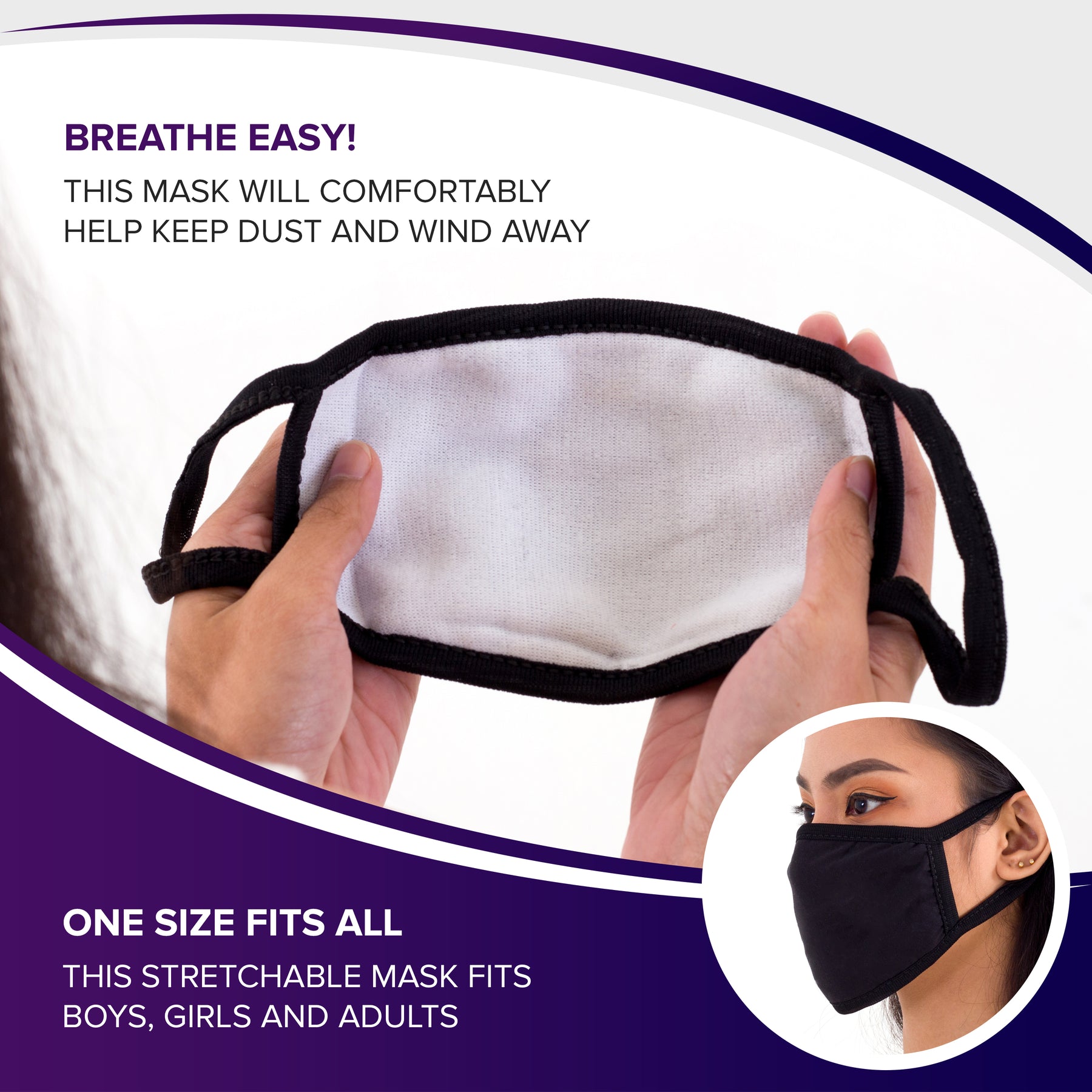 Black Face Mouth Mask - Cotton Face Covering (10 Pack) - Face Mask Resuable, Washable, Breathable, Adjustable