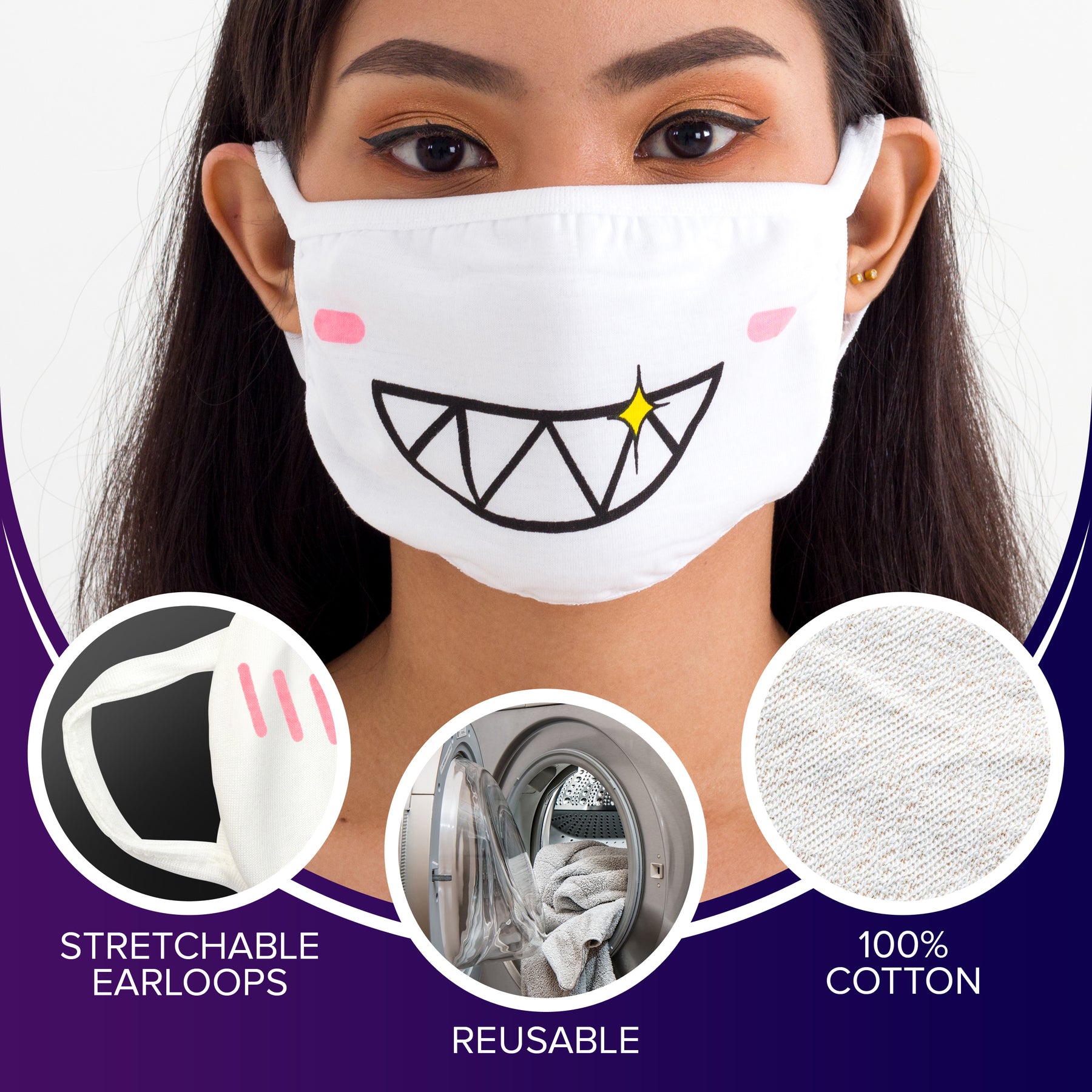Face Masks (6 Pack - White Anime Designs) White Cotton Mask - Adult Cute Anime Design - Face Mask Reusable, Washable, Breathable, Adjustable