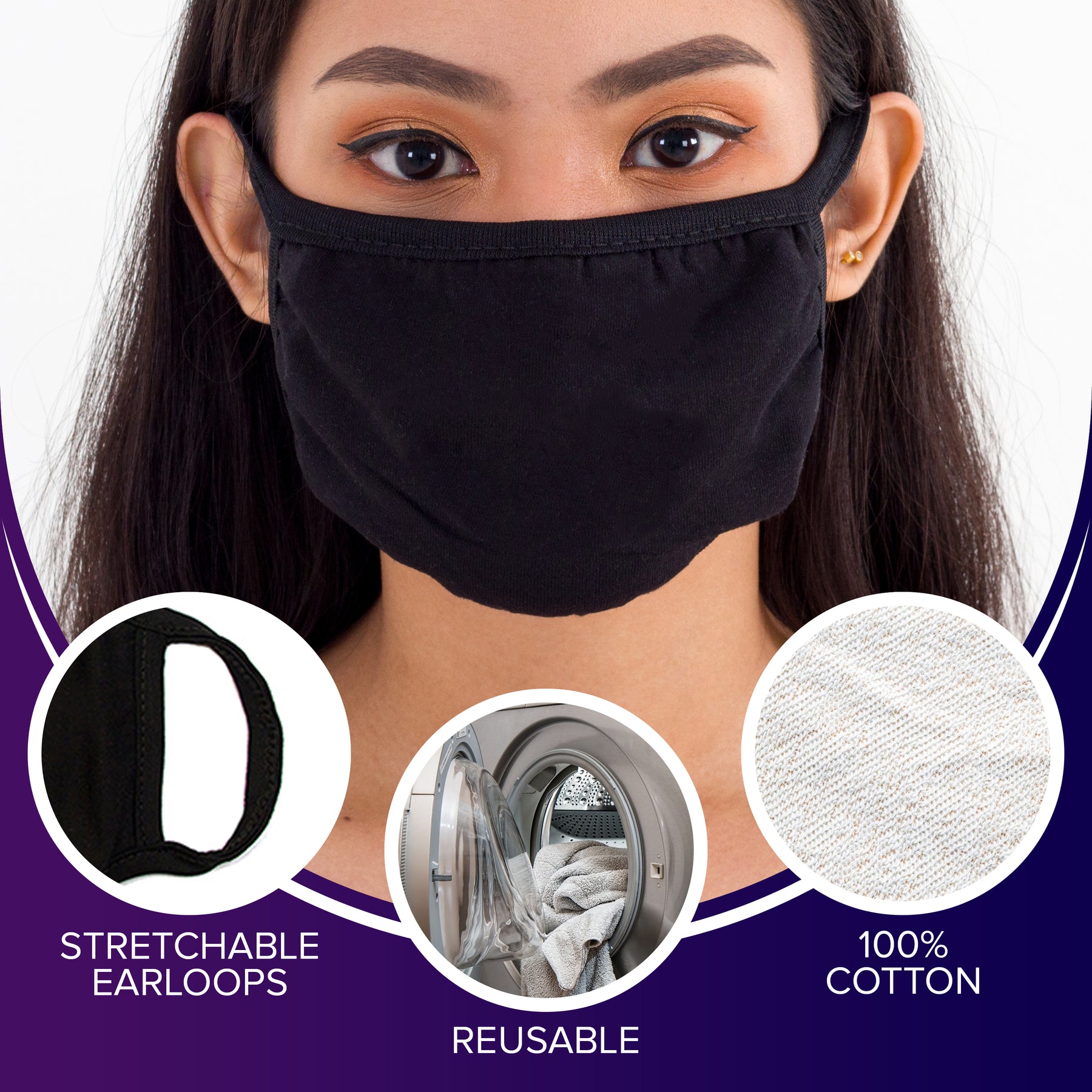 Black Face Mouth Mask - Cotton Face Covering (10 Pack) - Face Mask Resuable, Washable, Breathable, Adjustable