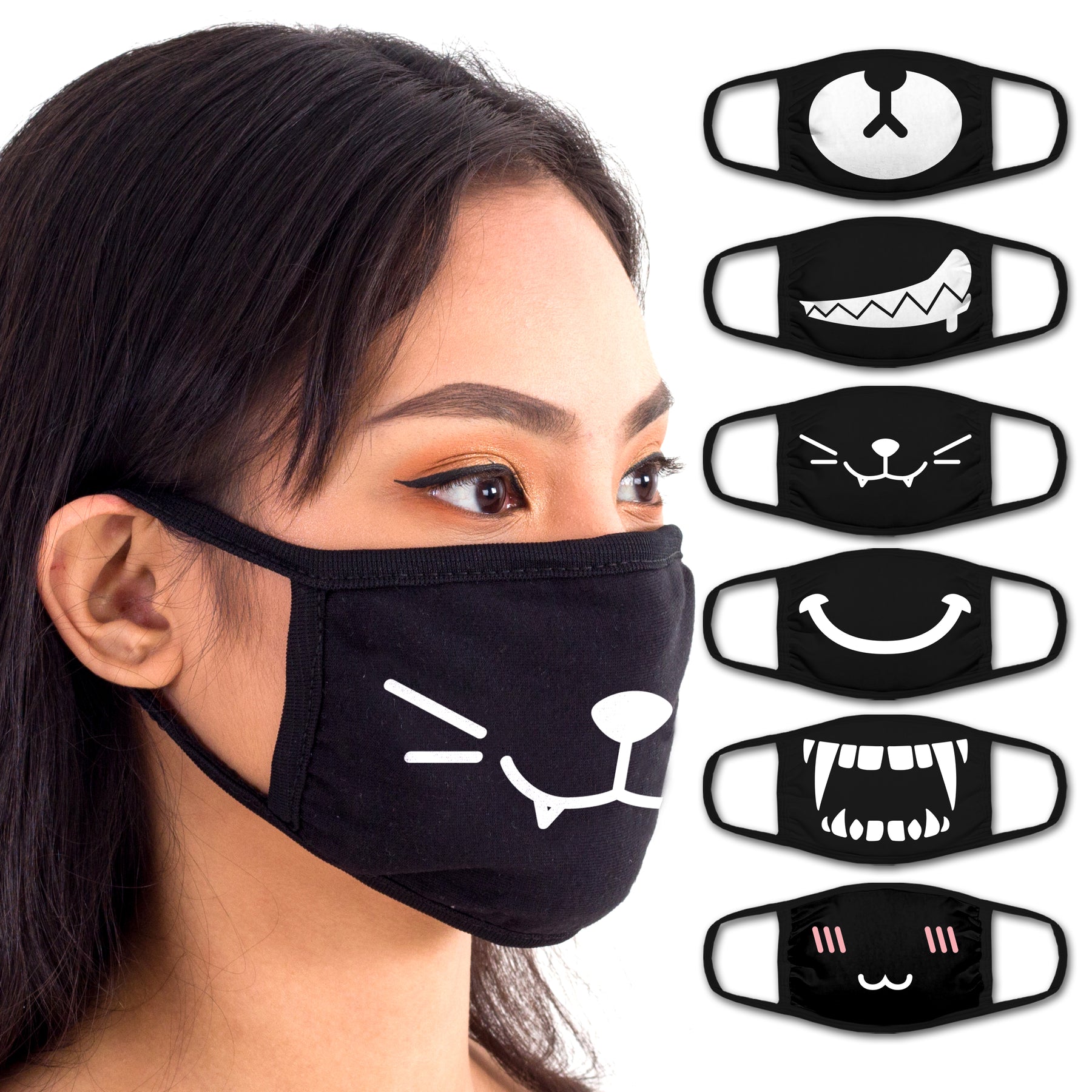 Face Mouth Mask - Cotton Face Covering Neck Mask for Men and Women - 6 Pack Black Anime
